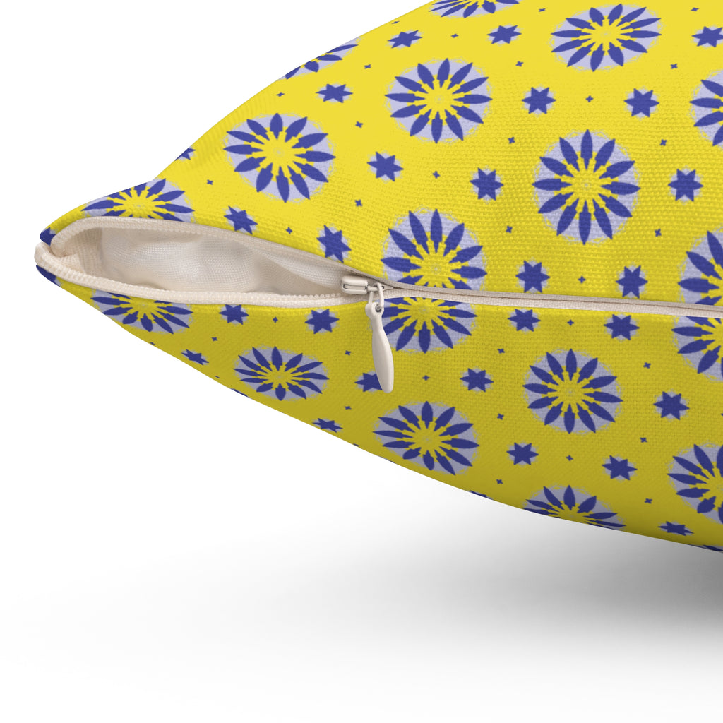 Yellow Floral Pattern Square Pillow — Blue Sunburst Decorative Throw Pillow