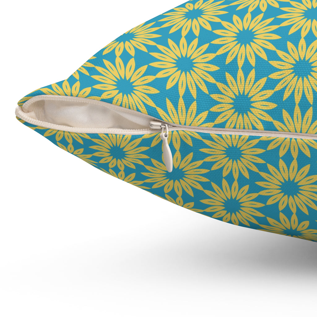 Sunburst Floral Throw Pillow — Yellow & Teal Geometric Accent Cushion