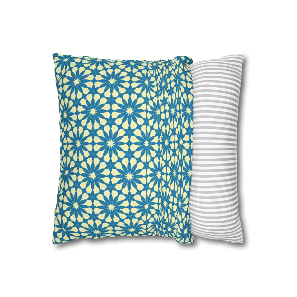 Geometric Teal Daisy THROW PILLOW COVER — Blue Daisy Pattern Square Throw Pillow Cover