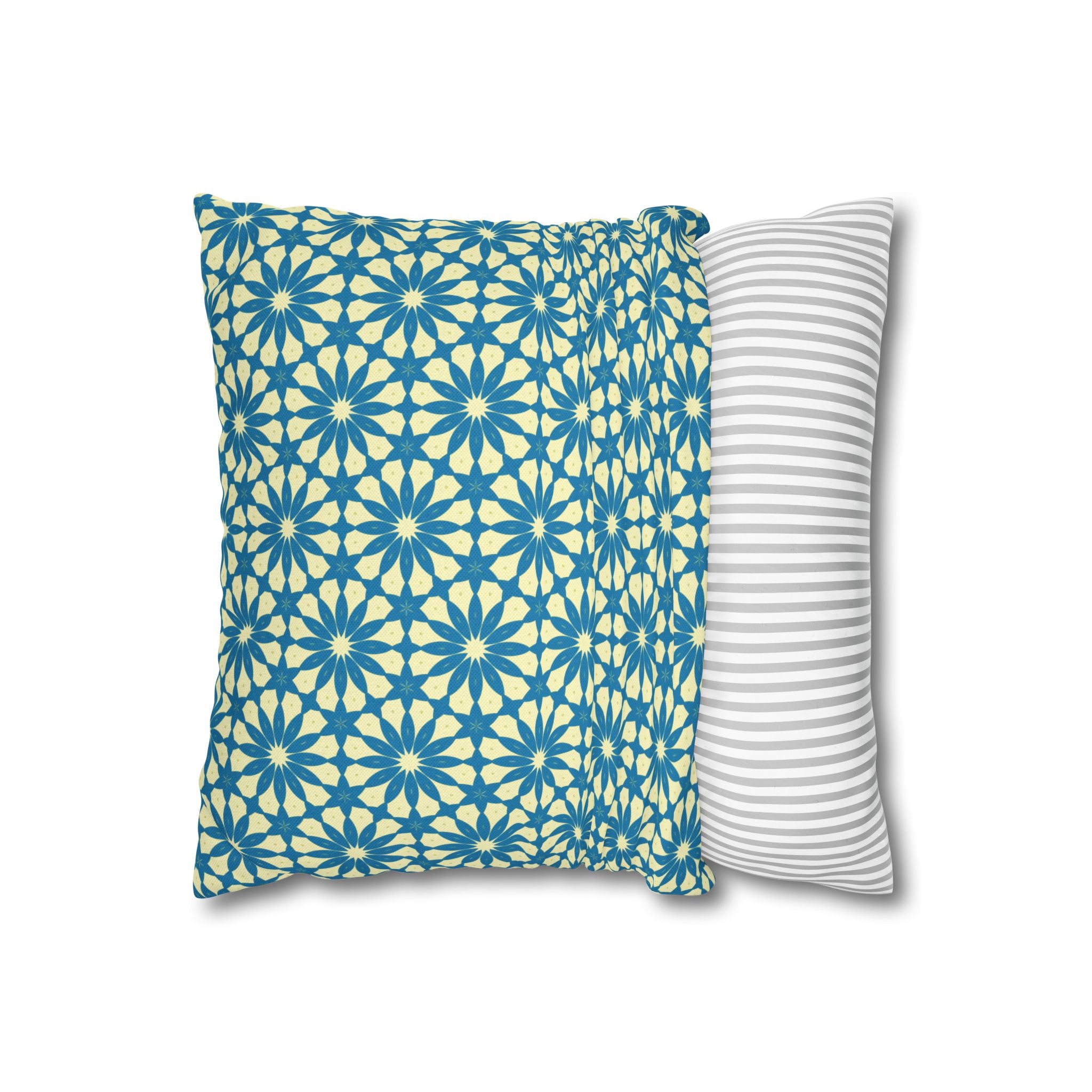 Geometric Teal Daisy THROW PILLOW COVER — Blue Daisy Pattern Square Throw Pillow Cover