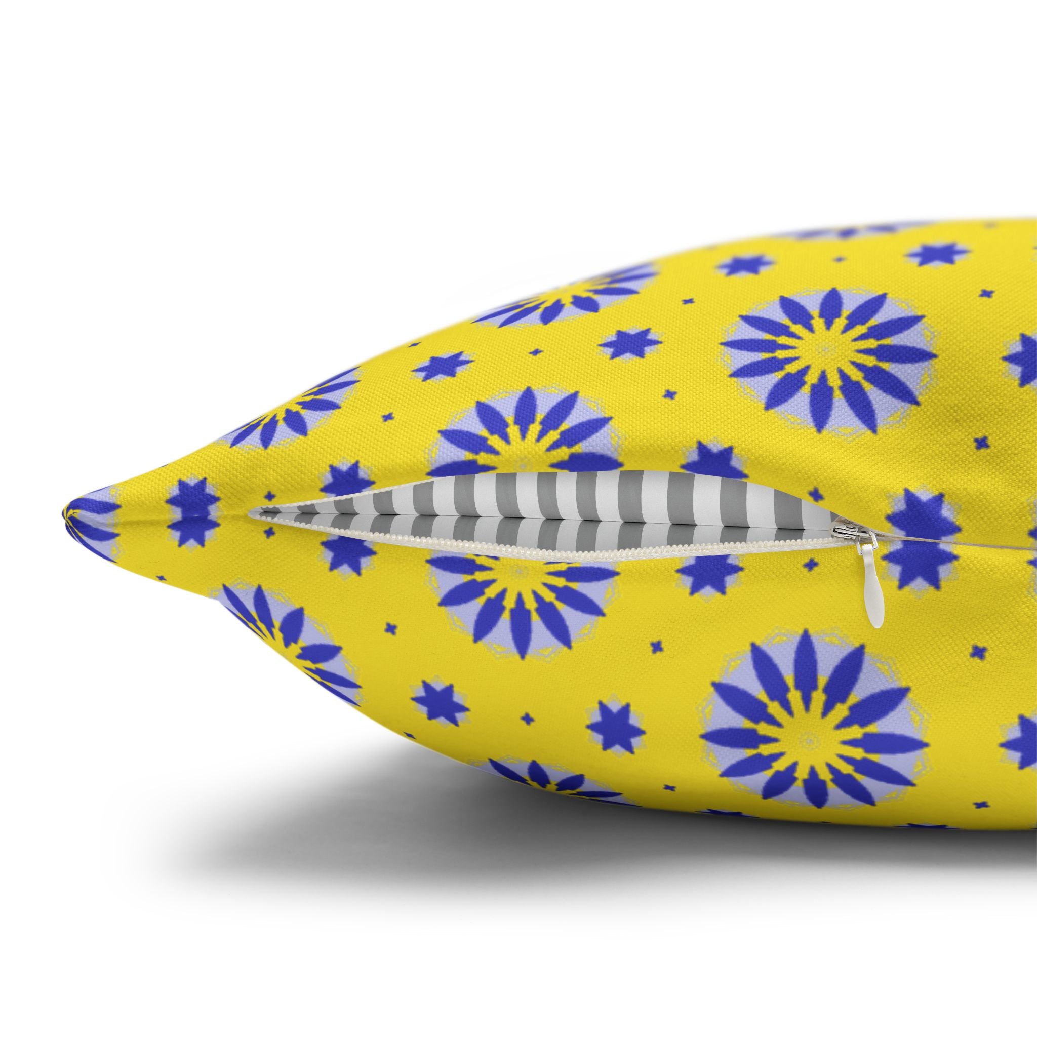 Blue Sun Yellow Floral Pattern THROW PILLOW COVER — Blue Sunburst Decorative Throw Pillow