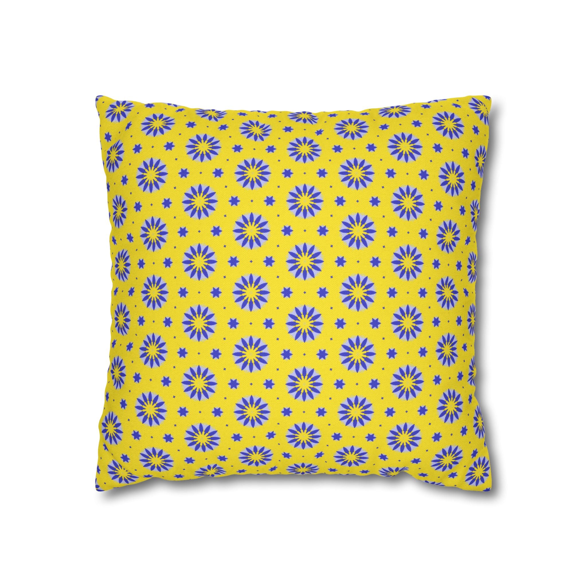 Blue Sun Yellow Floral Pattern THROW PILLOW COVER — Blue Sunburst Decorative Throw Pillow