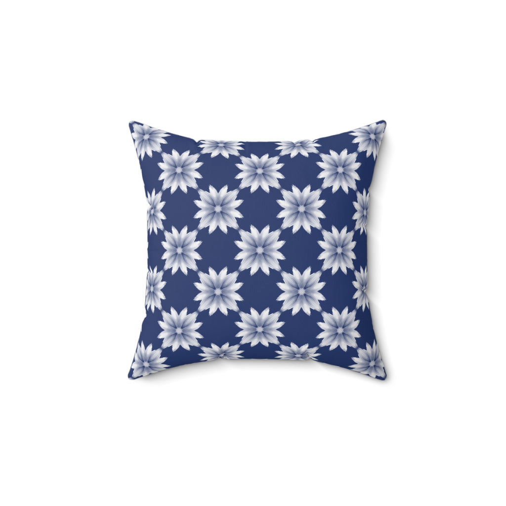 Blue Floral Decorative Pillow — Navy White Dahlia Pattern Square Throw Pillow