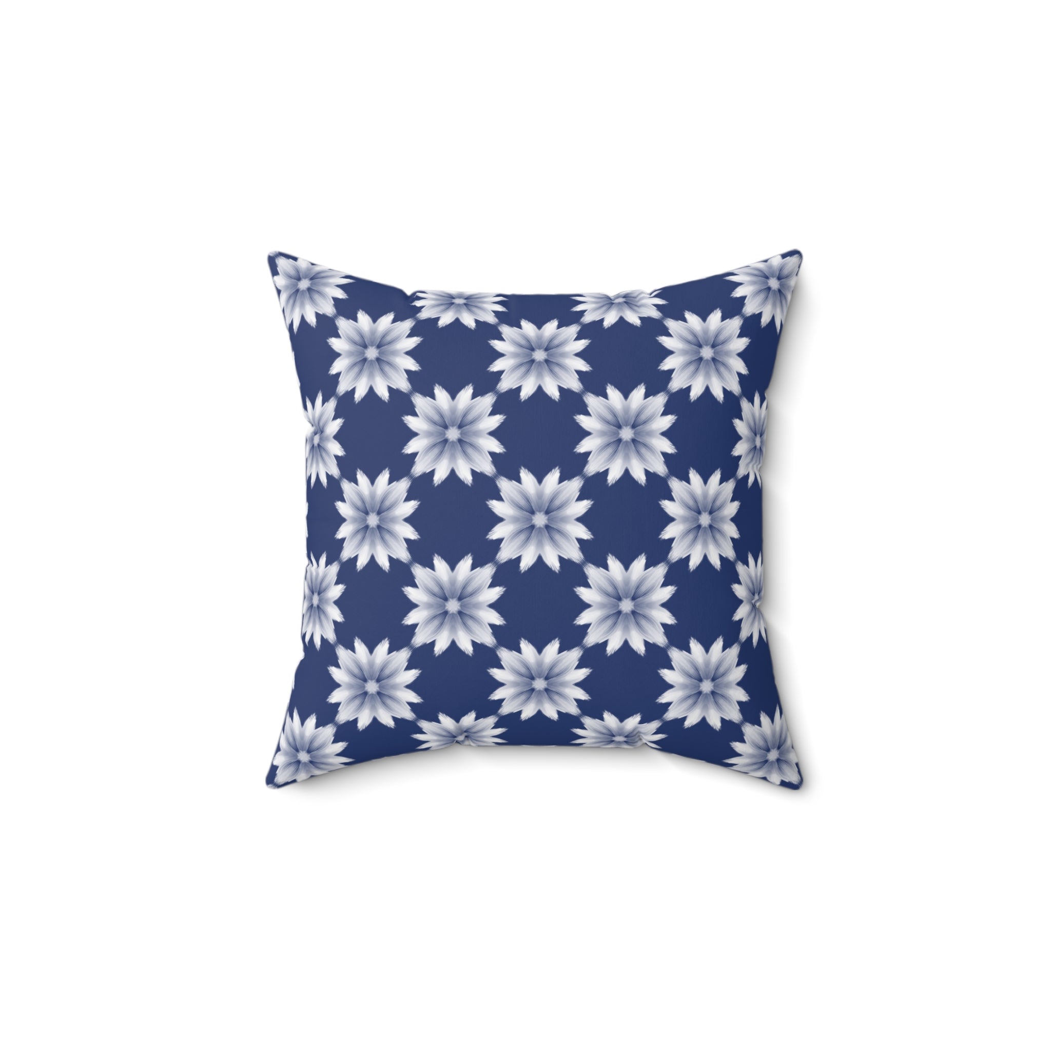 Blue Floral Decorative Pillow — Navy White Dahlia Pattern Square Throw Pillow