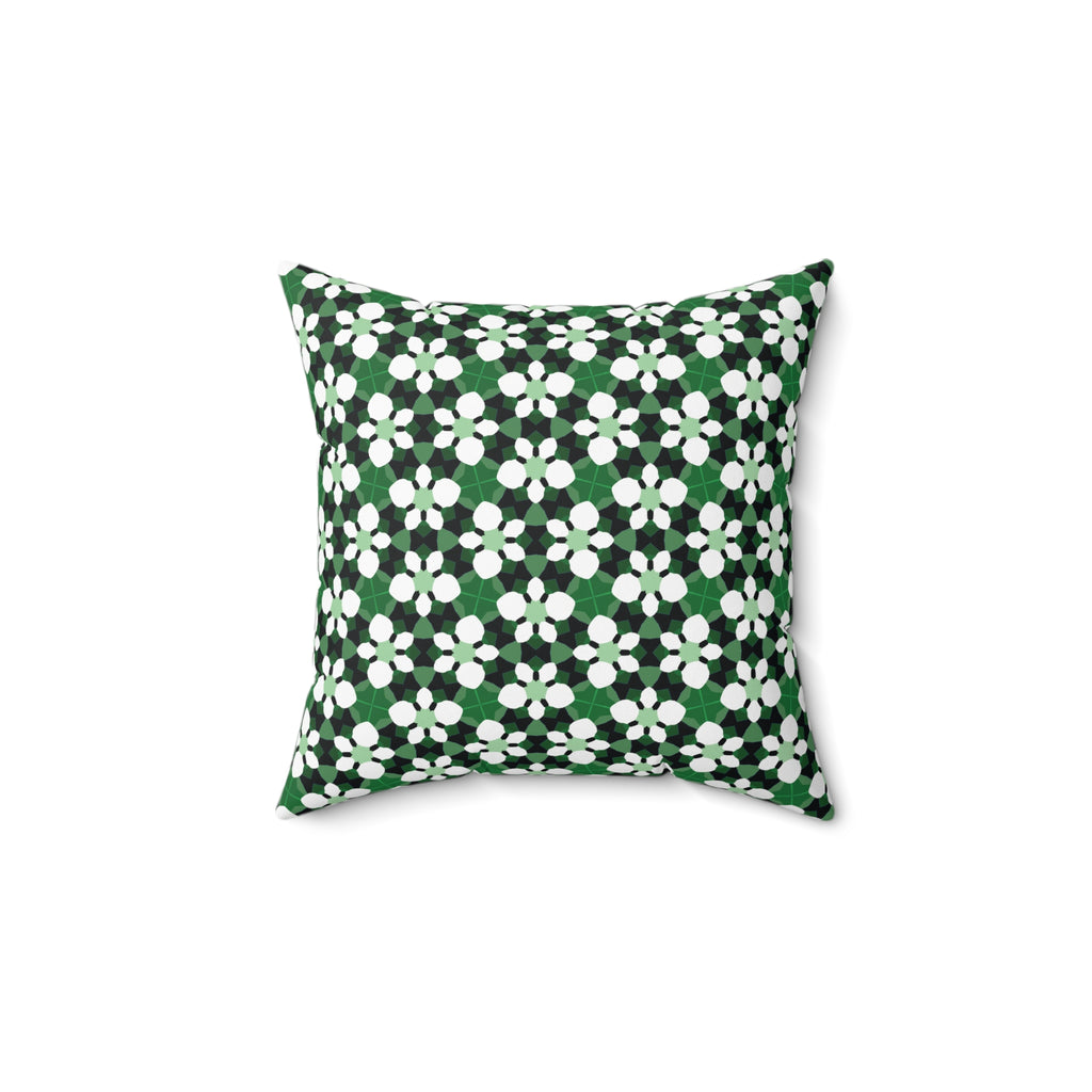 Green Retro Floral Pattern Pillow — Decorative Square Throw Pillow