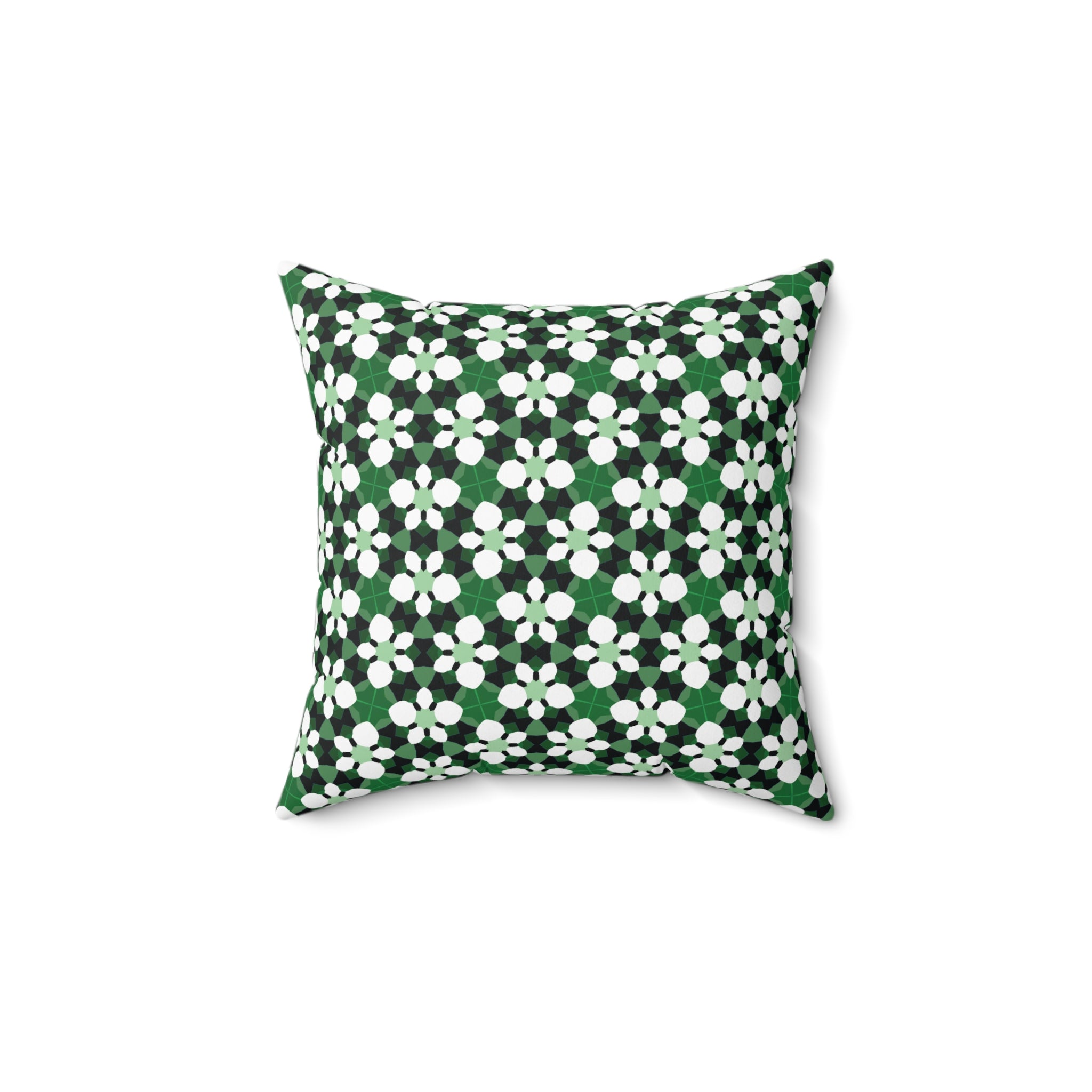 Green Retro Floral Pattern Pillow — Decorative Square Throw Pillow