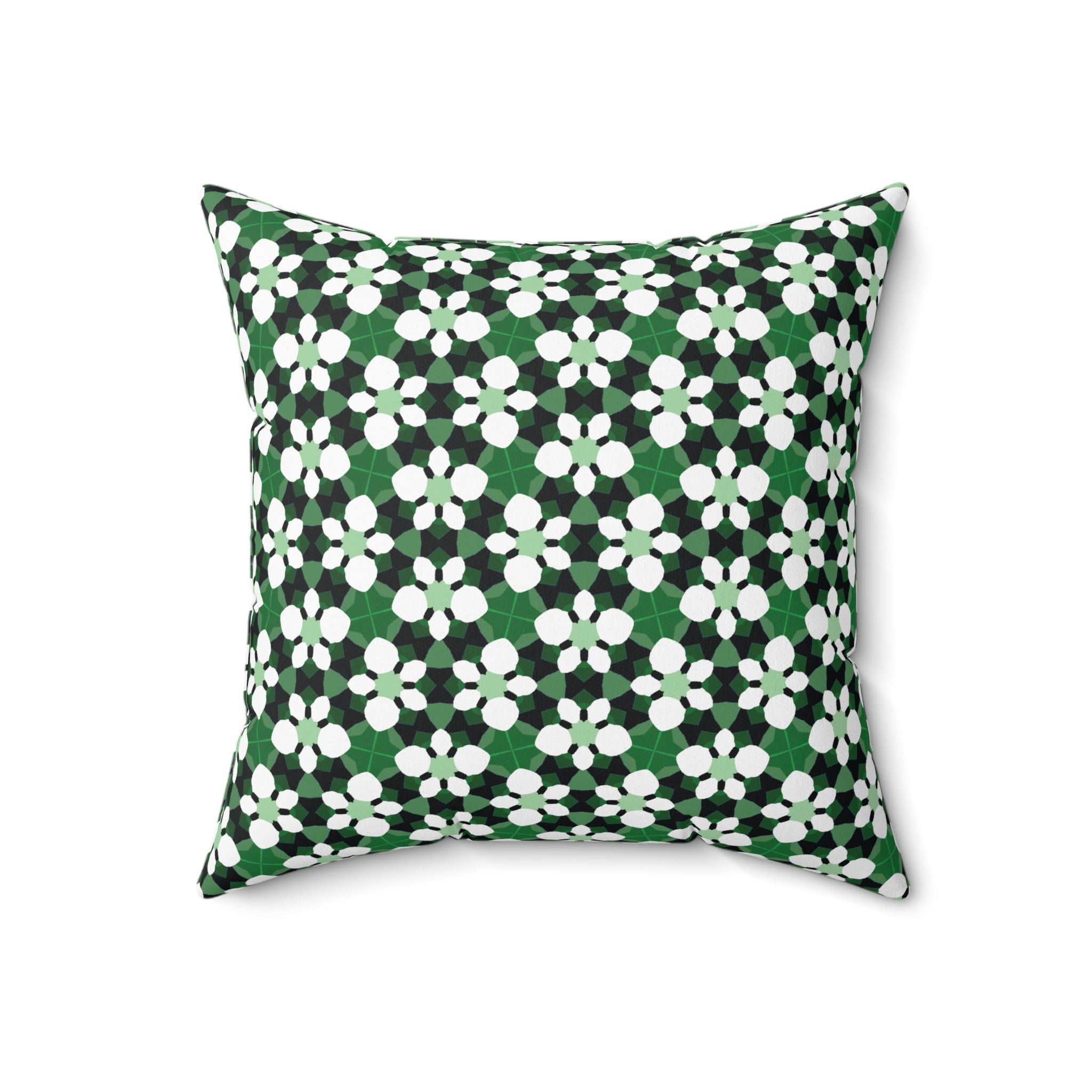 Green Retro Floral Pattern Pillow — Decorative Square Throw Pillow