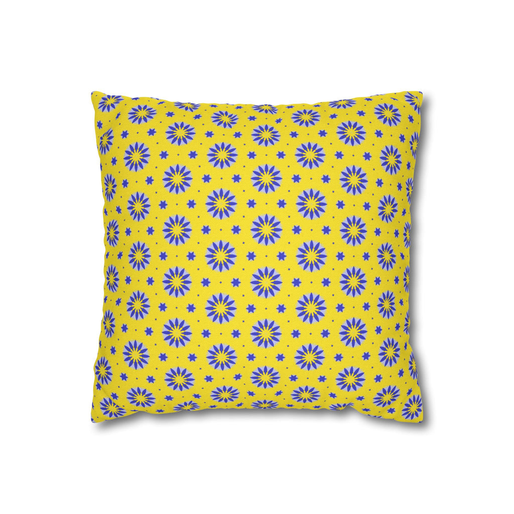 Blue Sun Yellow Floral Pattern THROW PILLOW COVER — Blue Sunburst Decorative Throw Pillow