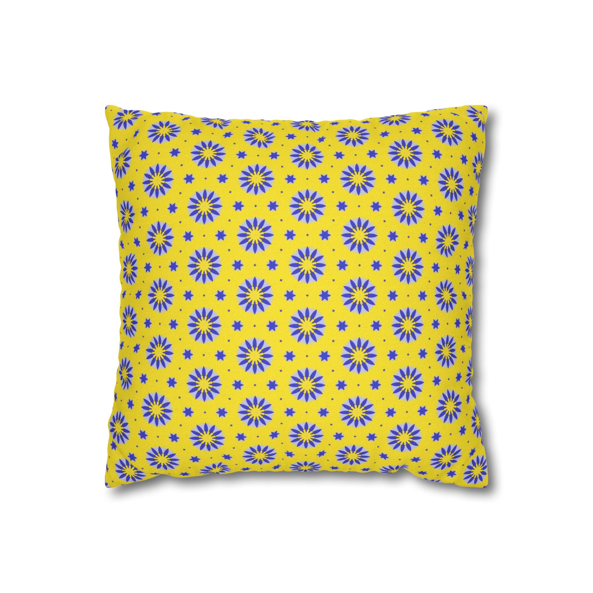Blue Sun Yellow Floral Pattern THROW PILLOW COVER — Blue Sunburst Decorative Throw Pillow