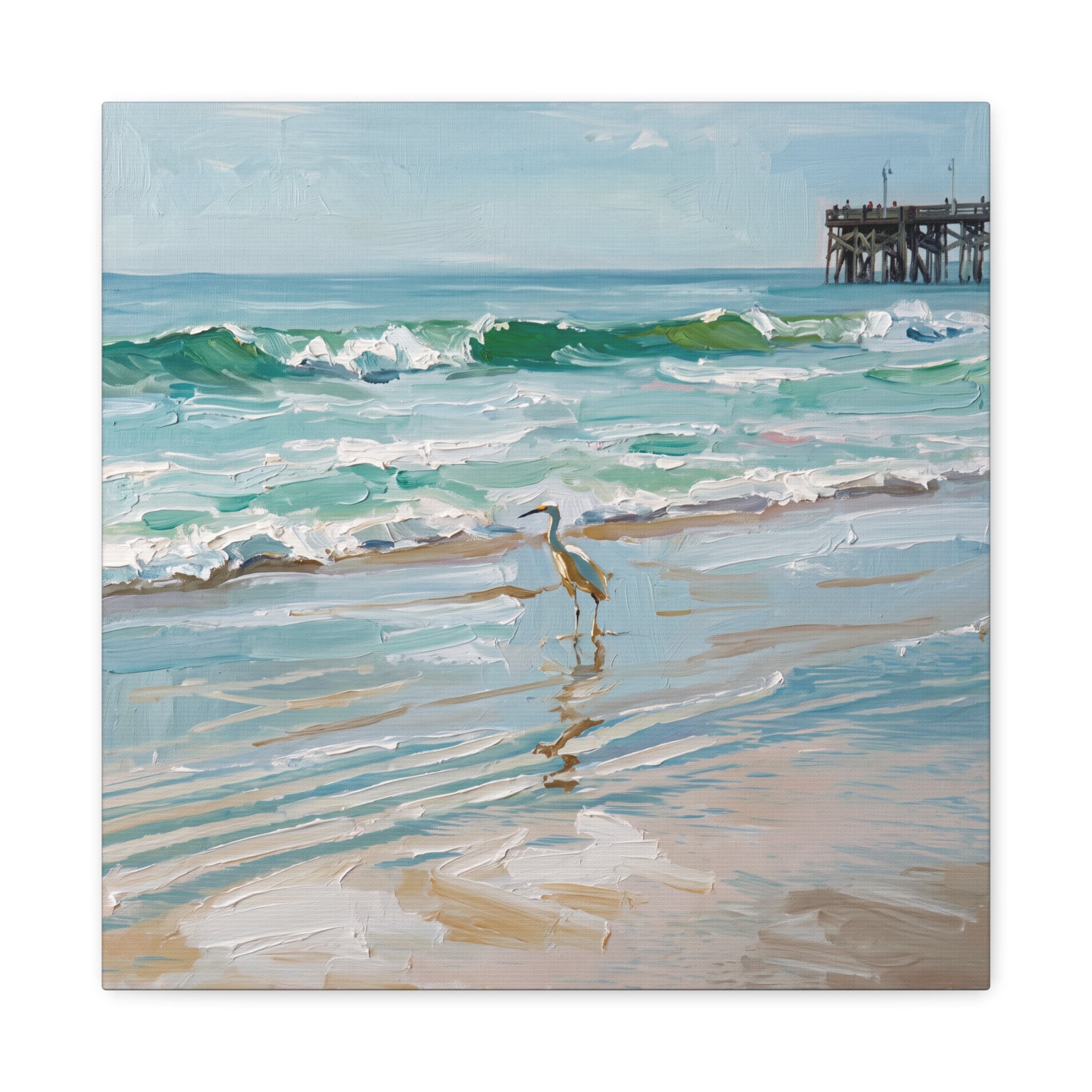 Seaside Heron Matte Stretched Canvas – Coastal Beach Pier Wall Art