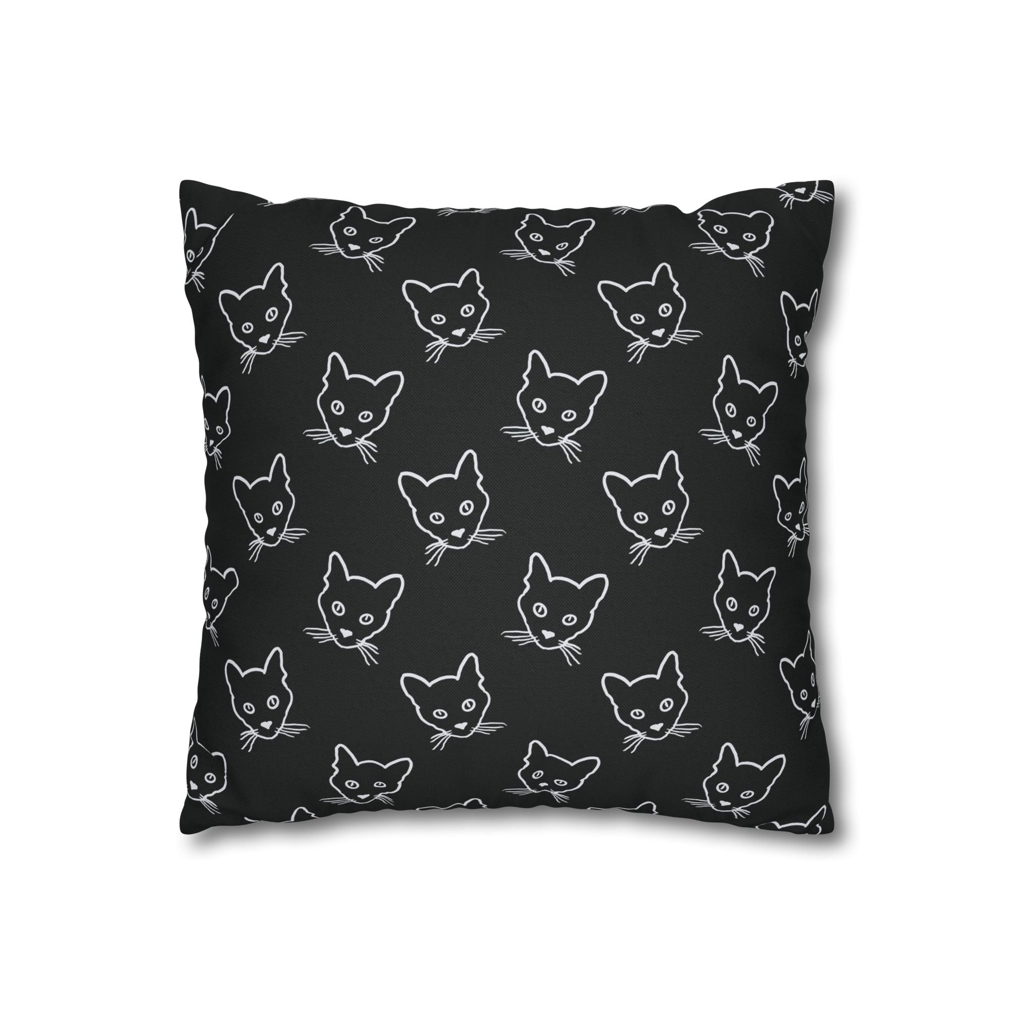 Black Cat Sketch Pattern THROW PILLOW COVER — Cute Kitty Face Throw Pillow Cover