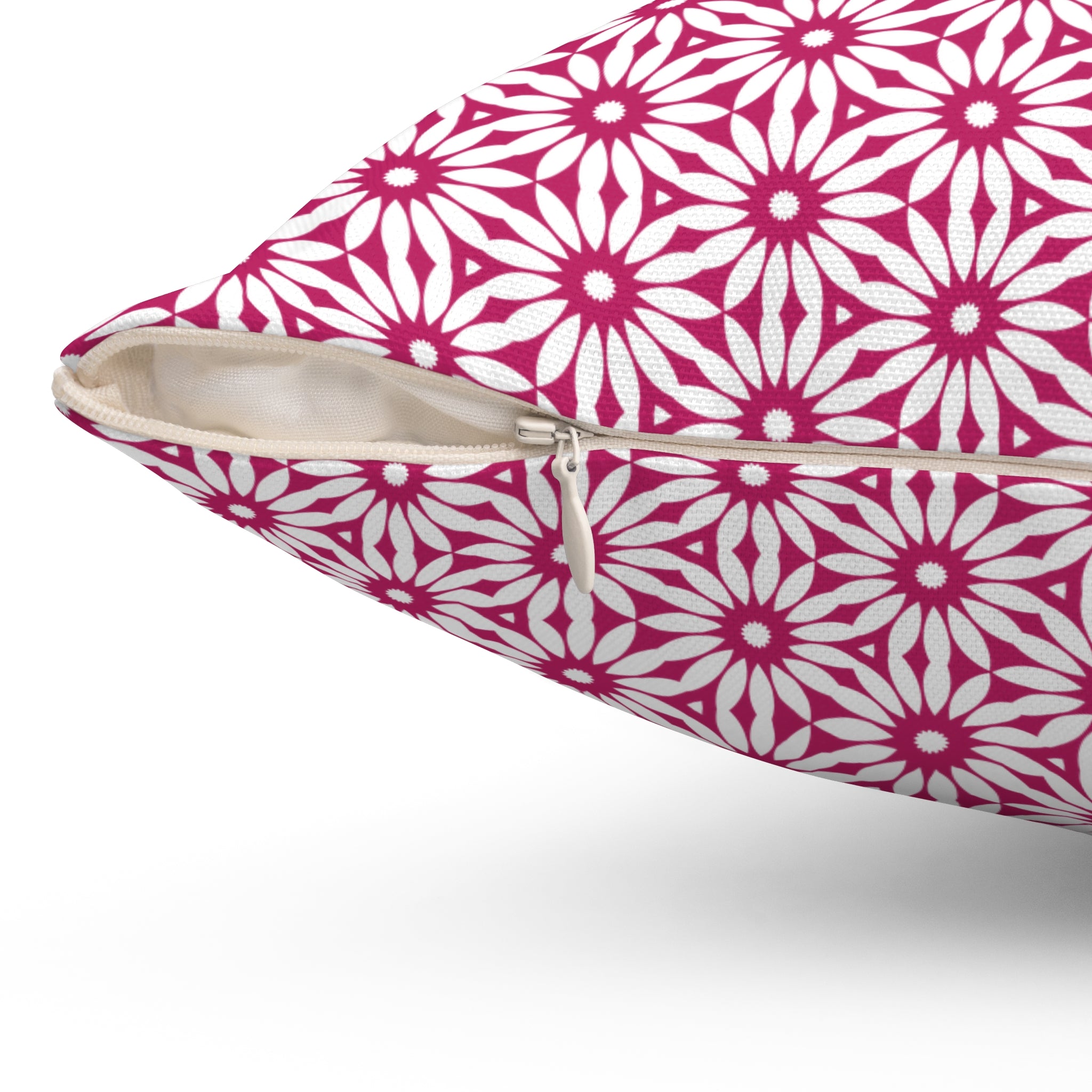 Pink Geometric Daisy Pattern Square Pillow — Decorative Throw Cushion for Living Room & Bedroom