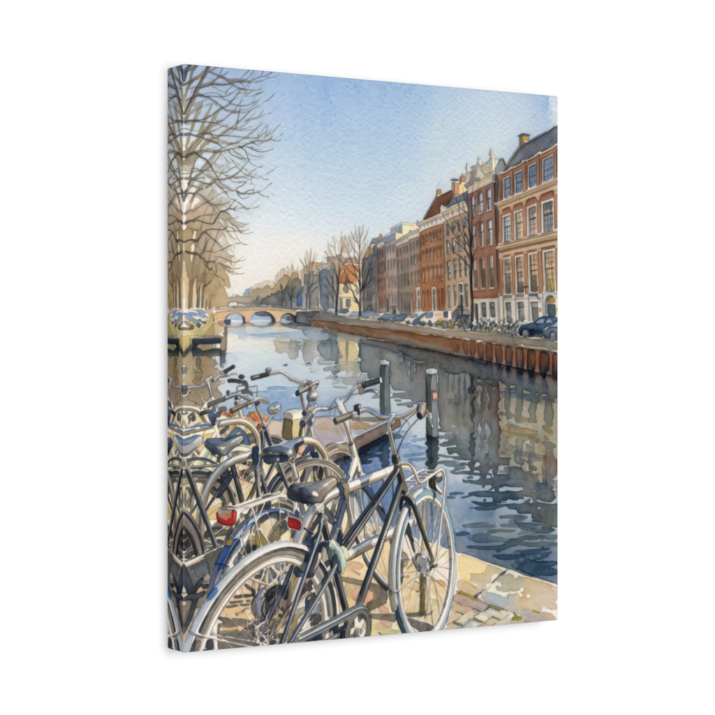 Amsterdam Canal & Bicycles Stretched Canvas Wall Art