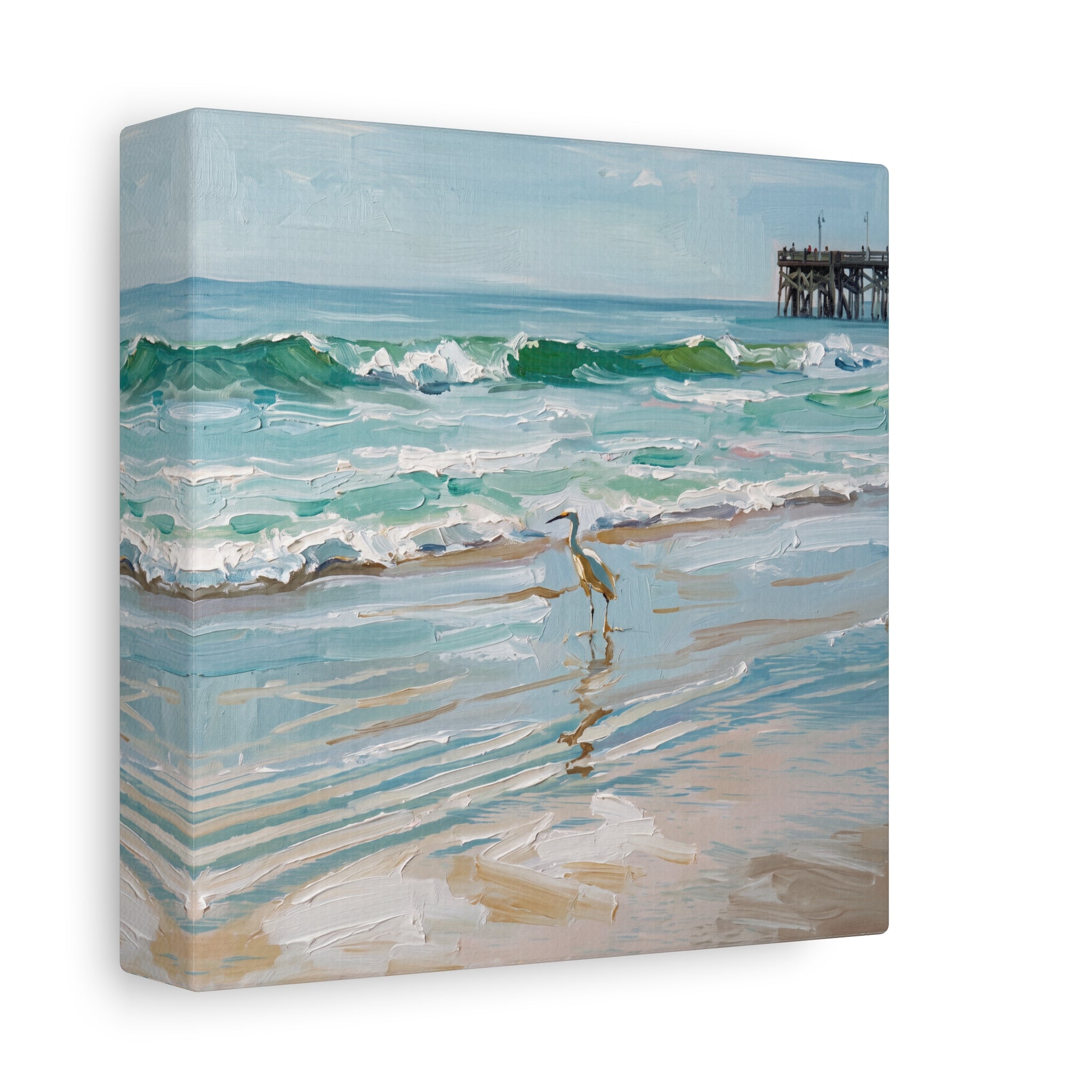 Seaside Heron Matte Stretched Canvas – Coastal Beach Pier Wall Art