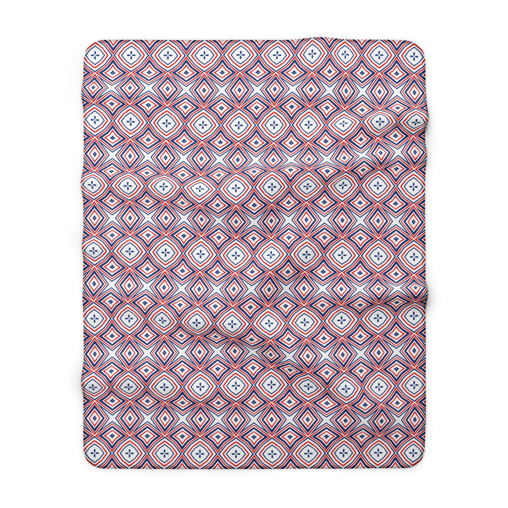 Geometric Red White Blue Sherpa Fleece Blanket — Cozy Retro Diamond Pattern