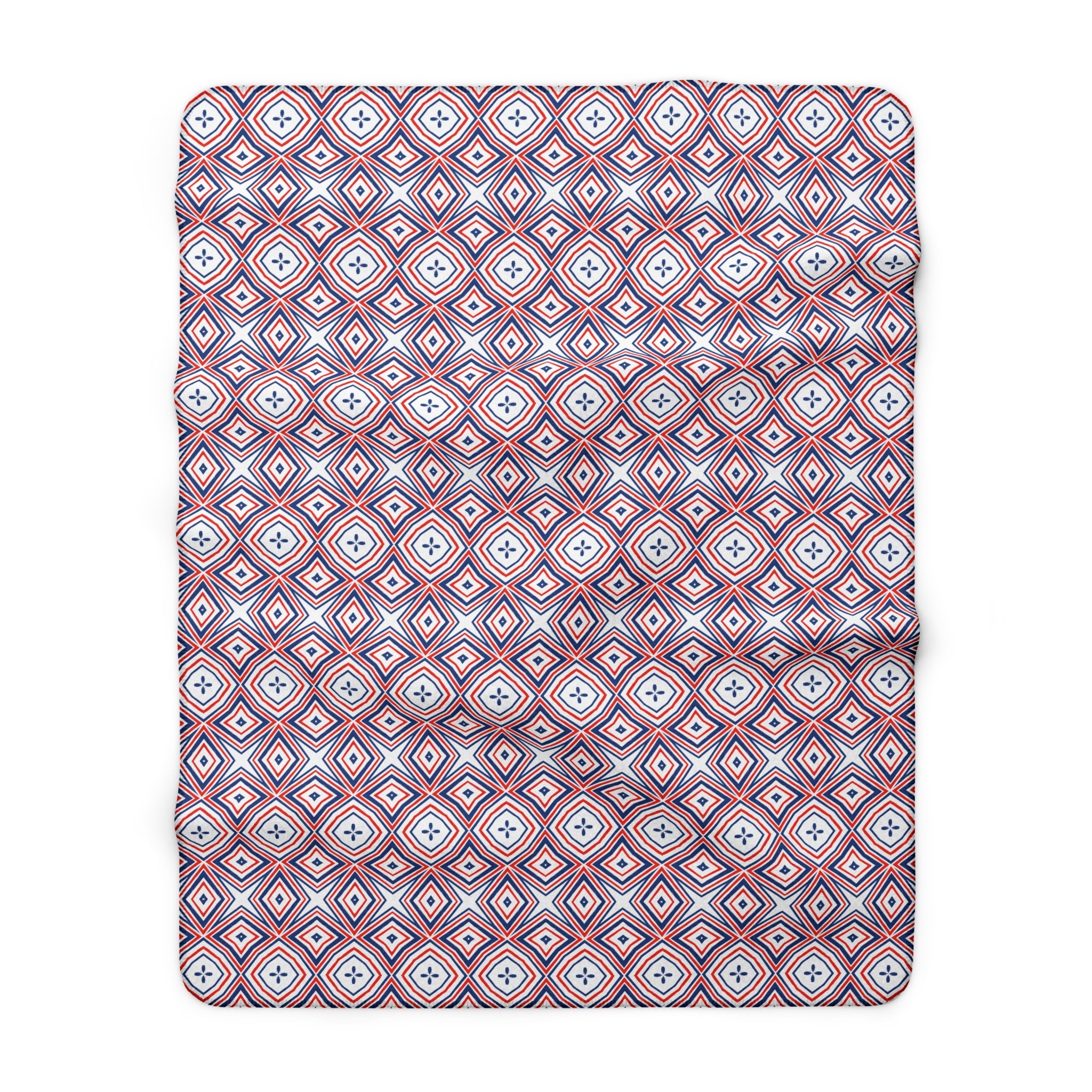 Geometric Red White Blue Sherpa Fleece Blanket — Cozy Retro Diamond Pattern