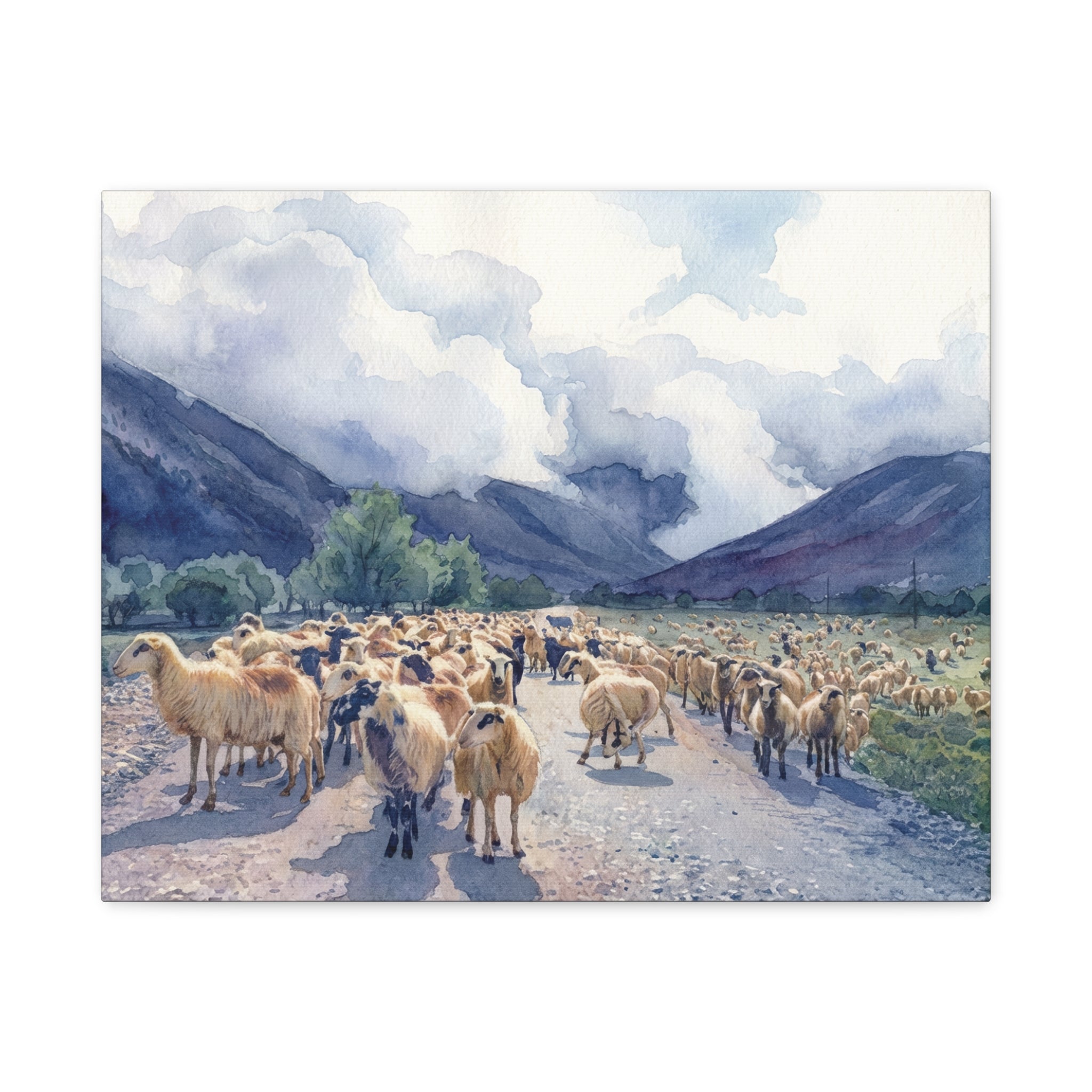Sheep Flock Canvas Print — Pastoral Mountain Landscape Matte Stretched Wall Art