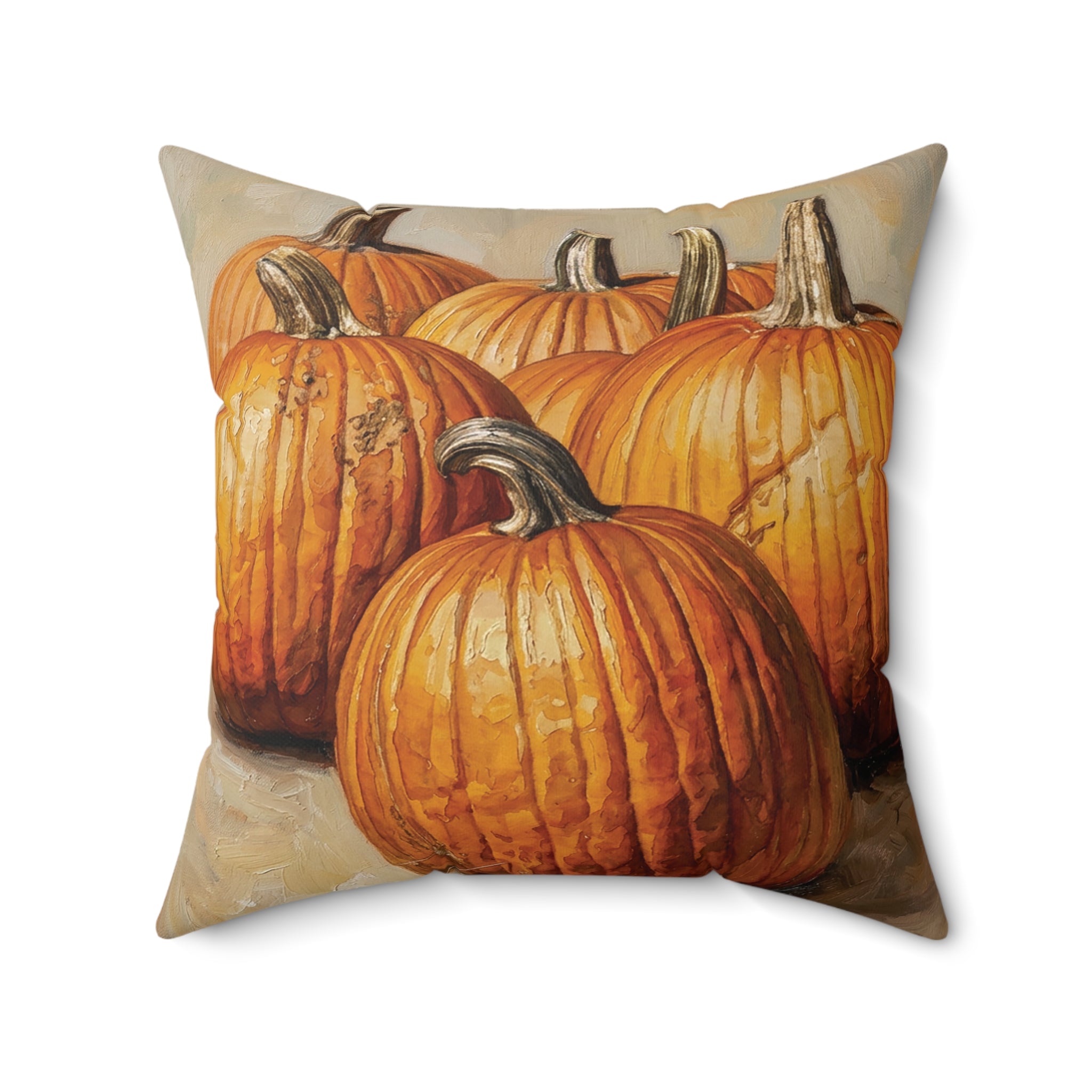 Autumn Pumpkin Decorative Pillow, Beige or Orange Back — Fall Harvest Square Throw Pillow