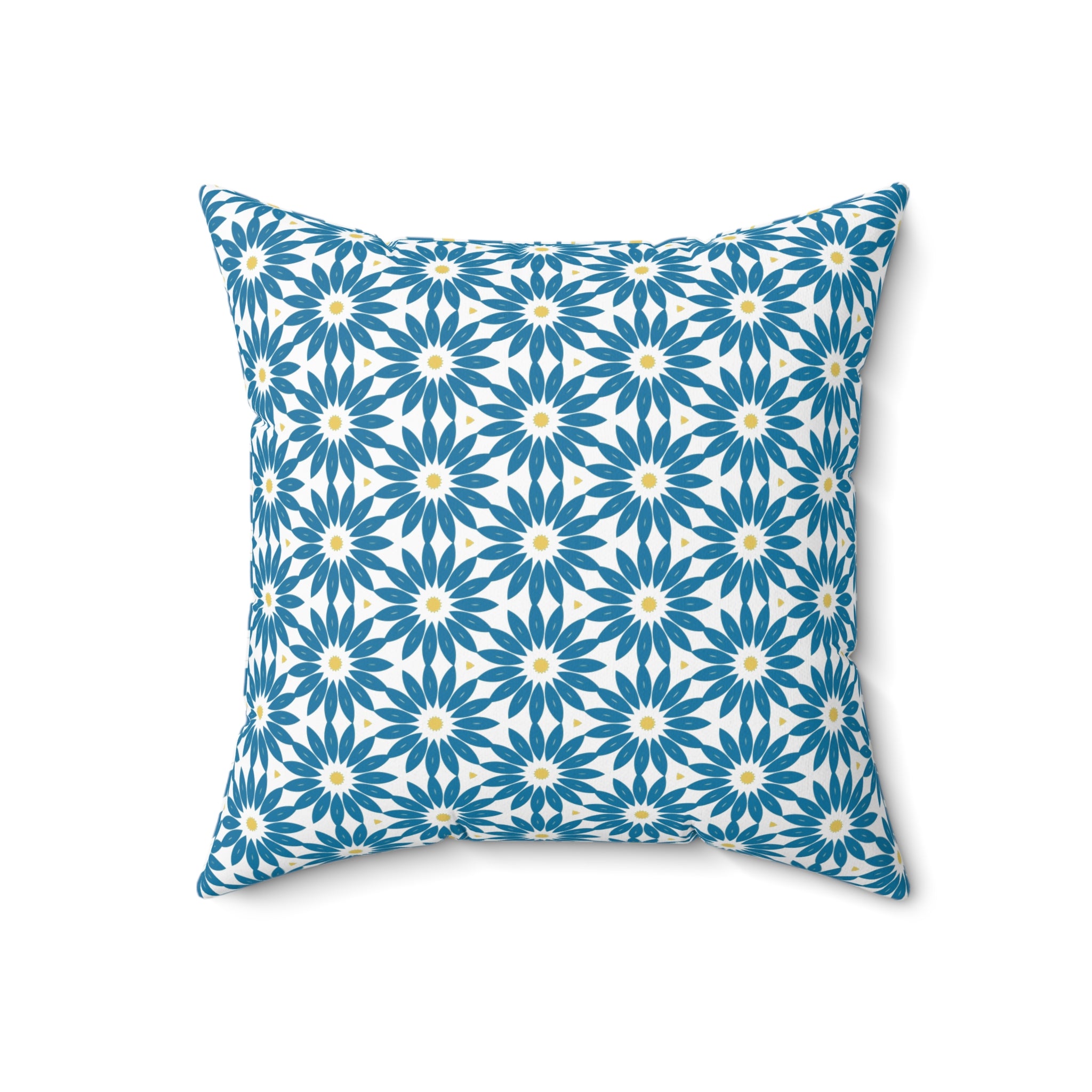 Blue Daisy Pattern Square Pillow — Floral Geometric Decorative Throw Pillow