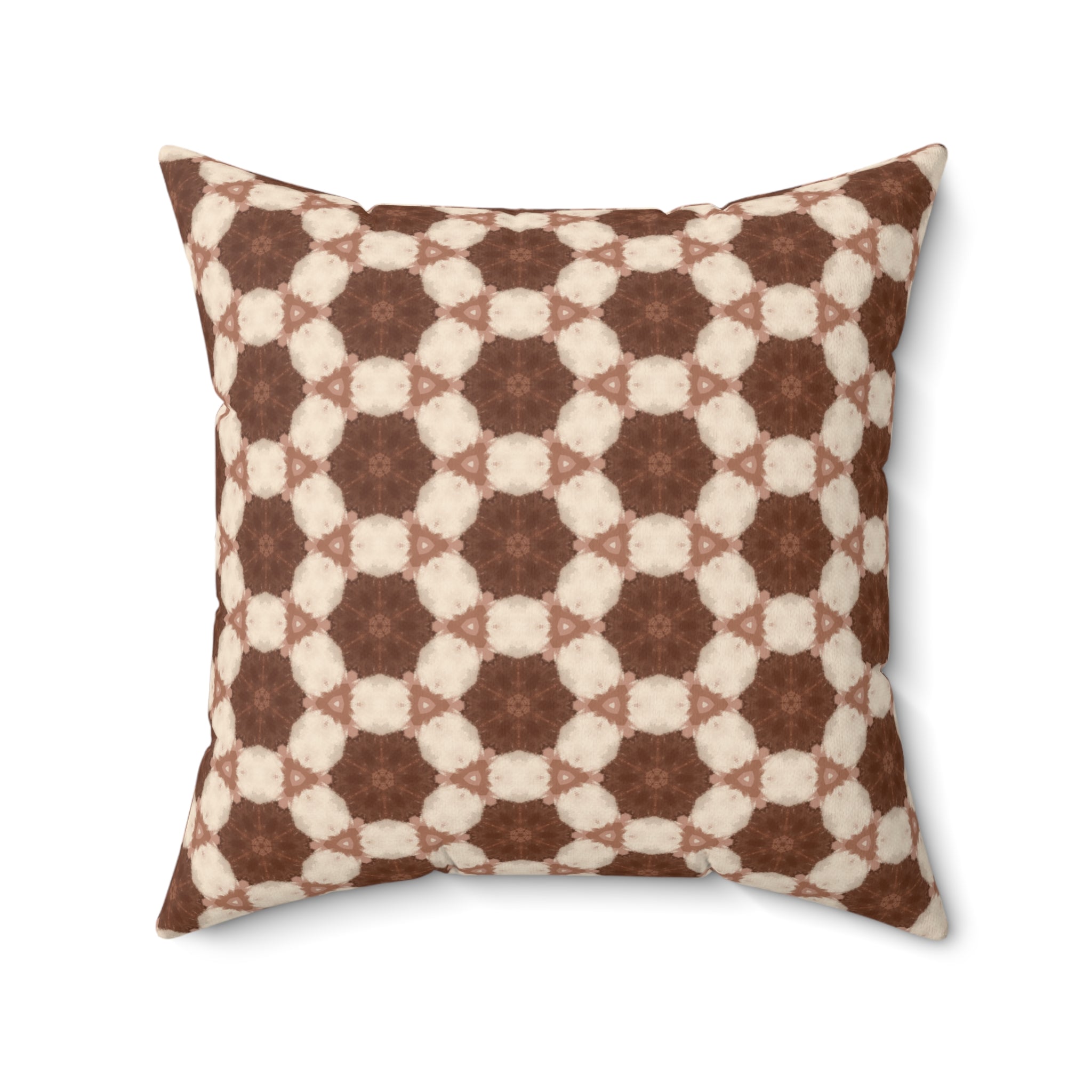 Cream and Brown Plush Pillow — Cozy Moroccan Tile Pattern Square Cushion