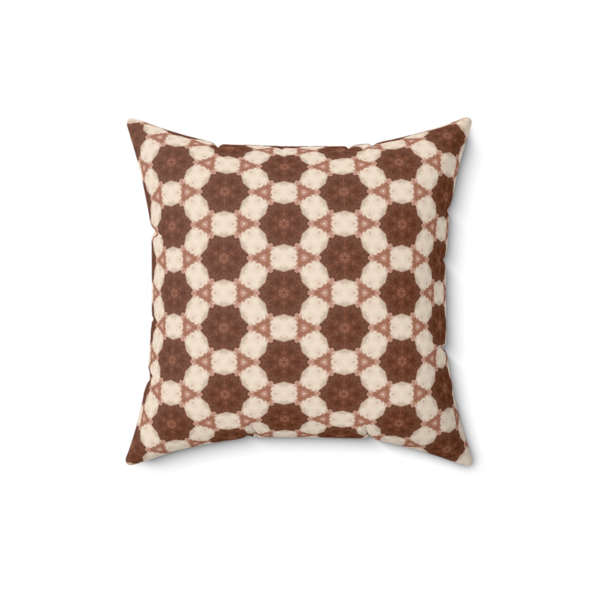 Cream and Brown Plush Pillow — Cozy Moroccan Tile Pattern Square Cushion