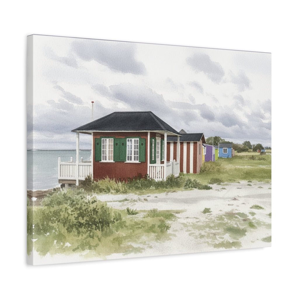 Beach Cottage Canvas Print — Coastal Seaside Cabin Wall Art (Matte Stretched)