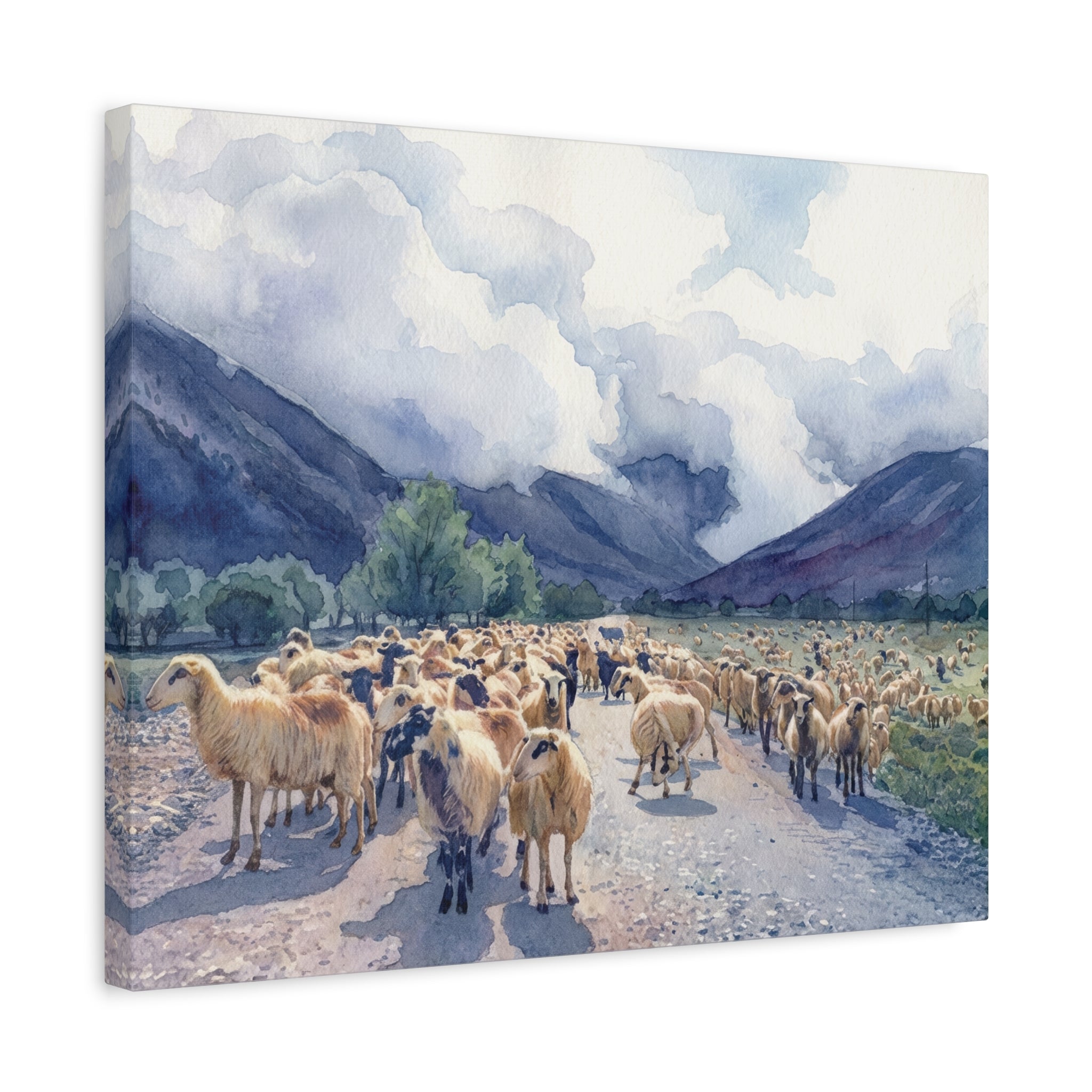 Sheep Flock Canvas Print — Pastoral Mountain Landscape Matte Stretched Wall Art