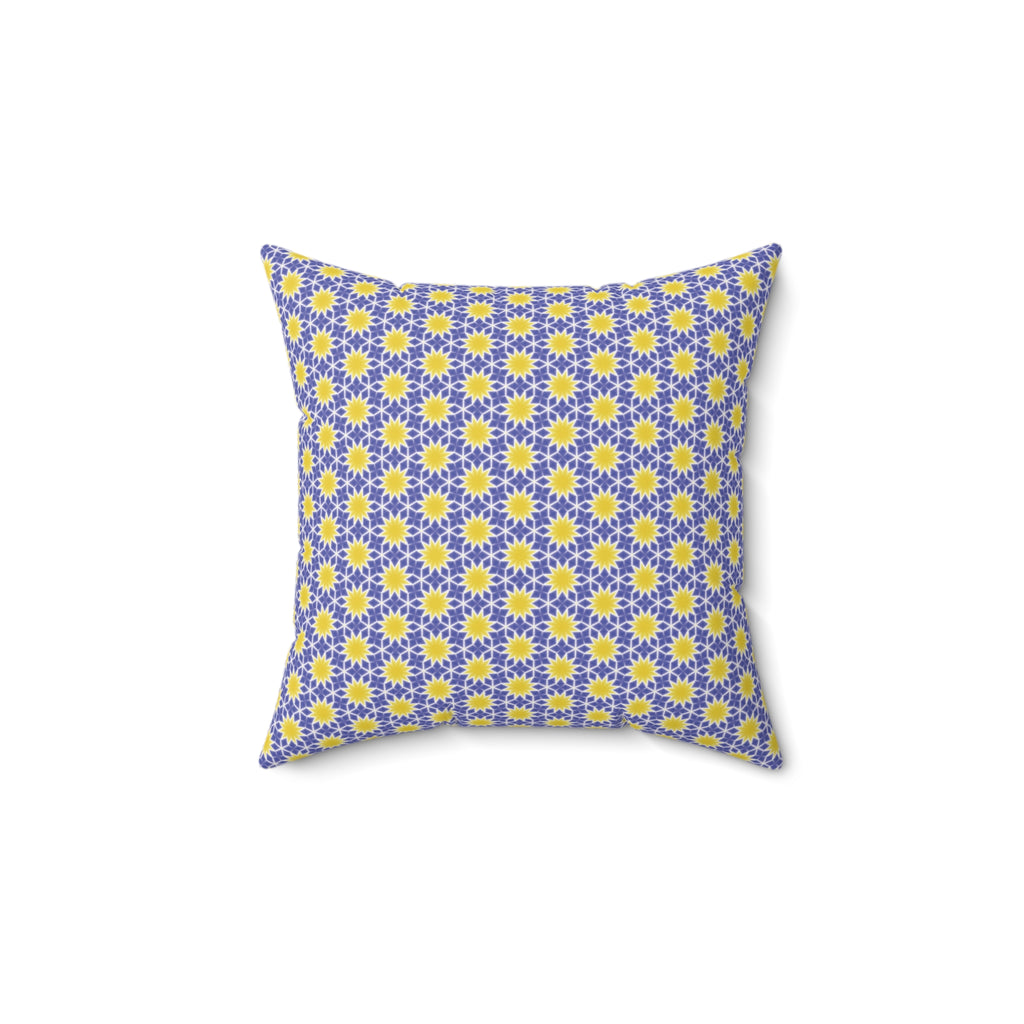 Yellow and Blue Sunburst Pattern Square Pillow — Yellow & Lavender Floral Decorative Cushion