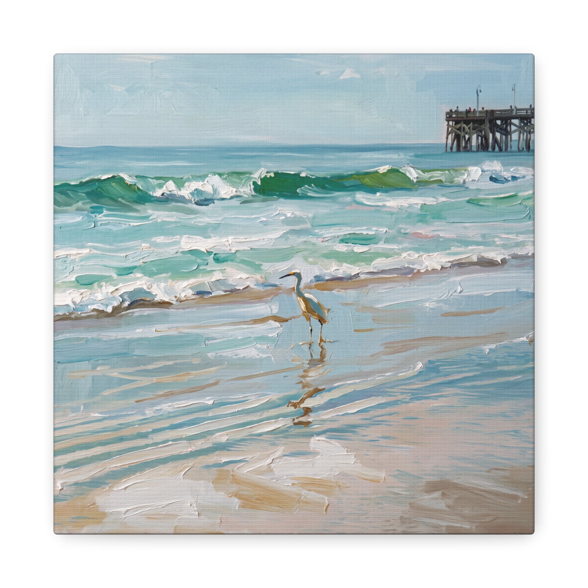 Seaside Heron Matte Stretched Canvas – Coastal Beach Pier Wall Art