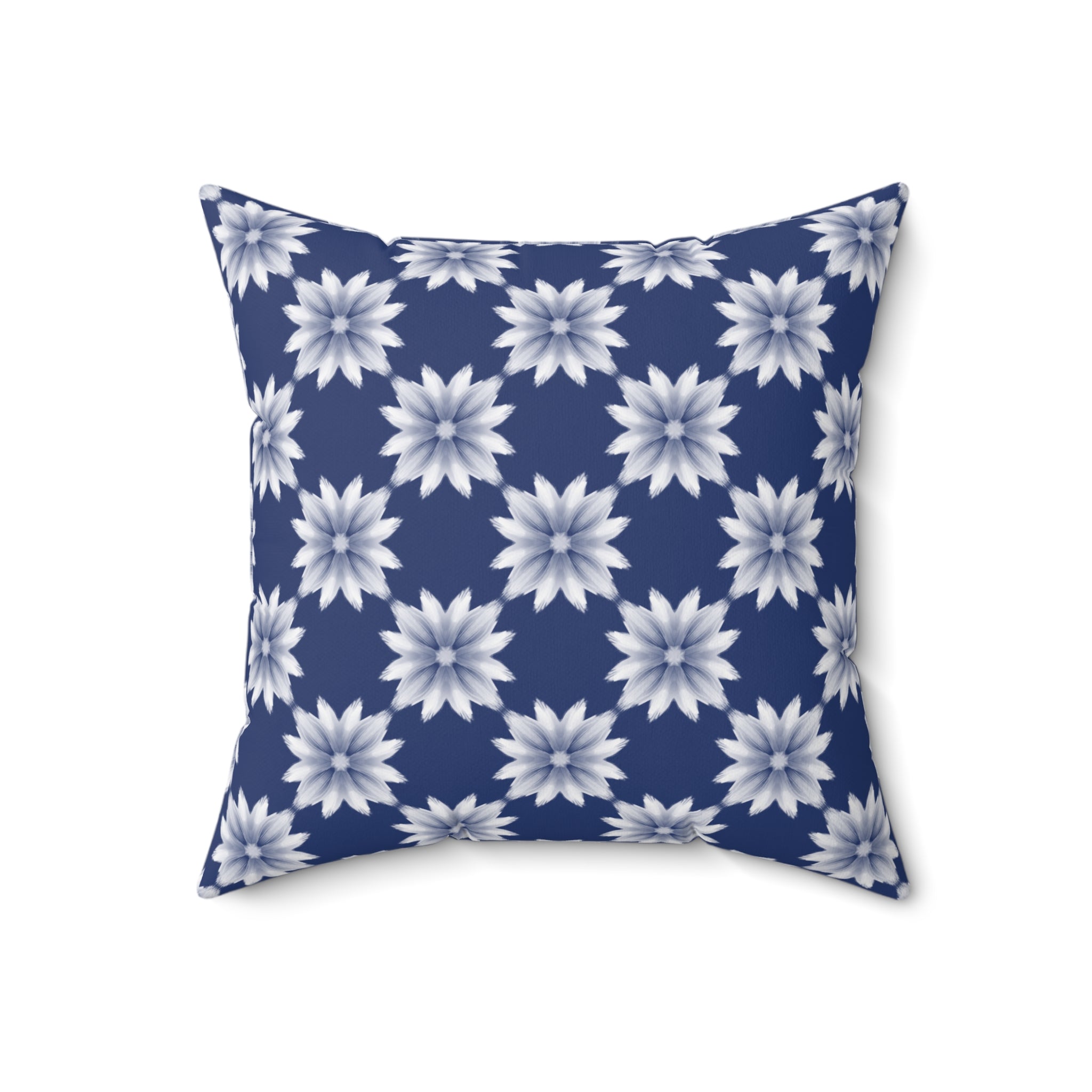 Blue Floral Decorative Pillow — Navy White Dahlia Pattern Square Throw Pillow