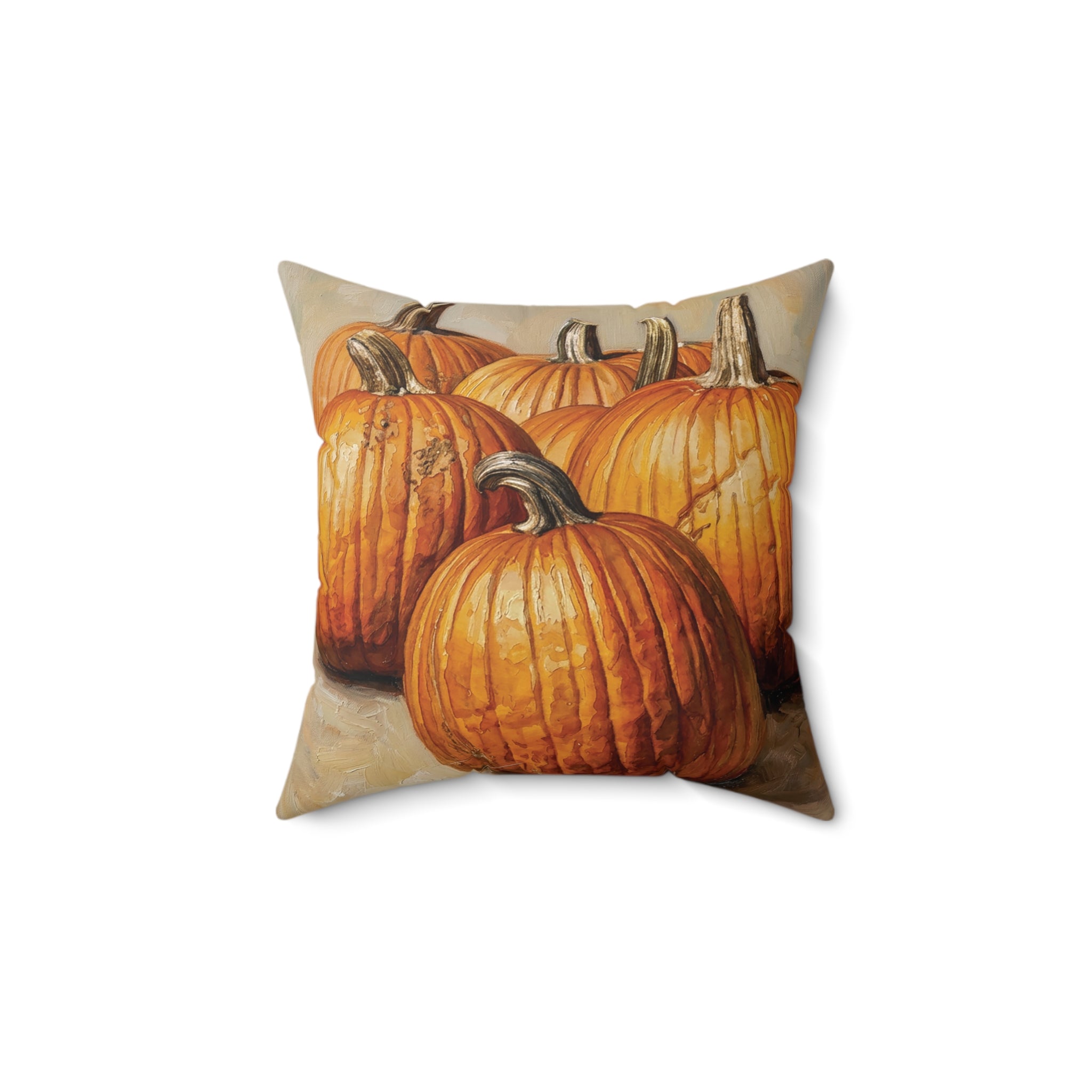 A square decorative throw pillow featuring a printed illustration of several orange pumpkins with textured beige and brown backgrounds, available with a beige or orange back to the pillow.
