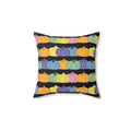 Black throw pillow with pastel pumpkins in orange, purple, green, yellow,  blue and pink