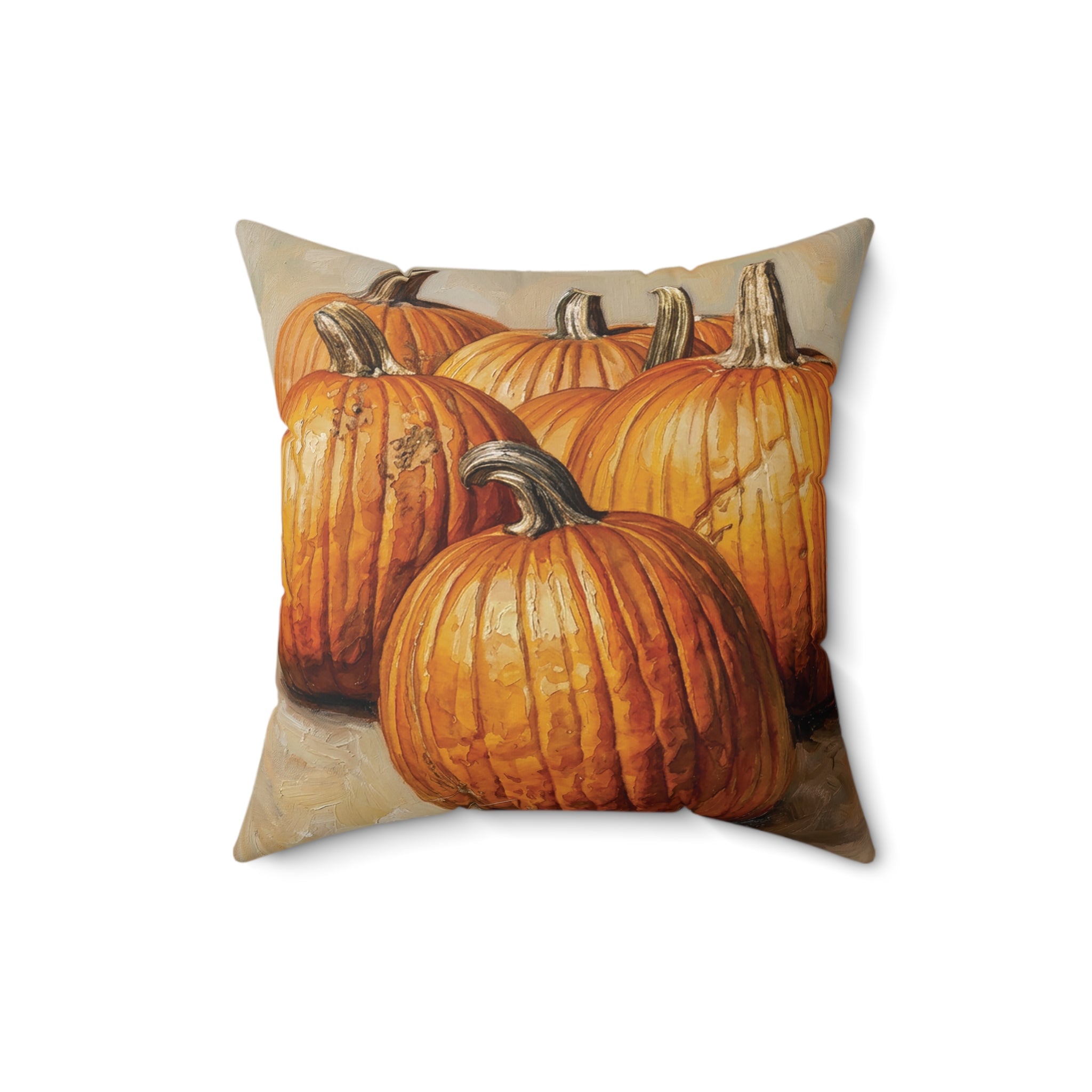 Autumn Pumpkin Decorative Pillow, Beige or Orange Back — Fall Harvest Square Throw Pillow