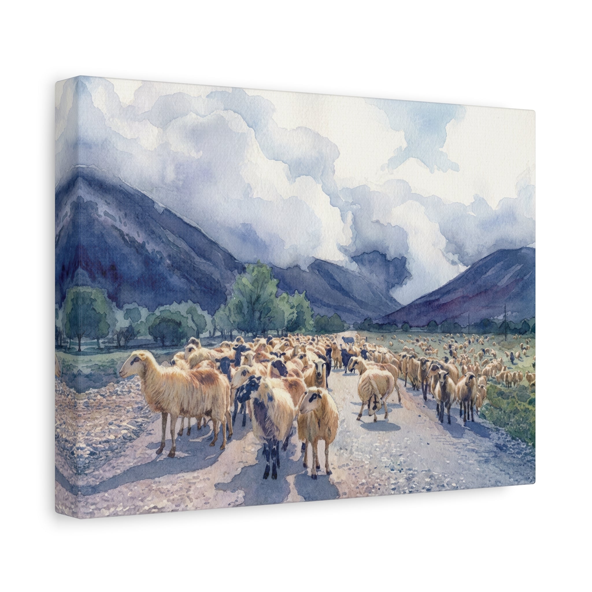 Sheep Flock Canvas Print — Pastoral Mountain Landscape Matte Stretched Wall Art