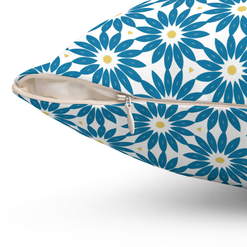 Blue Daisy Pattern Square Pillow — Floral Geometric Decorative Throw Pillow