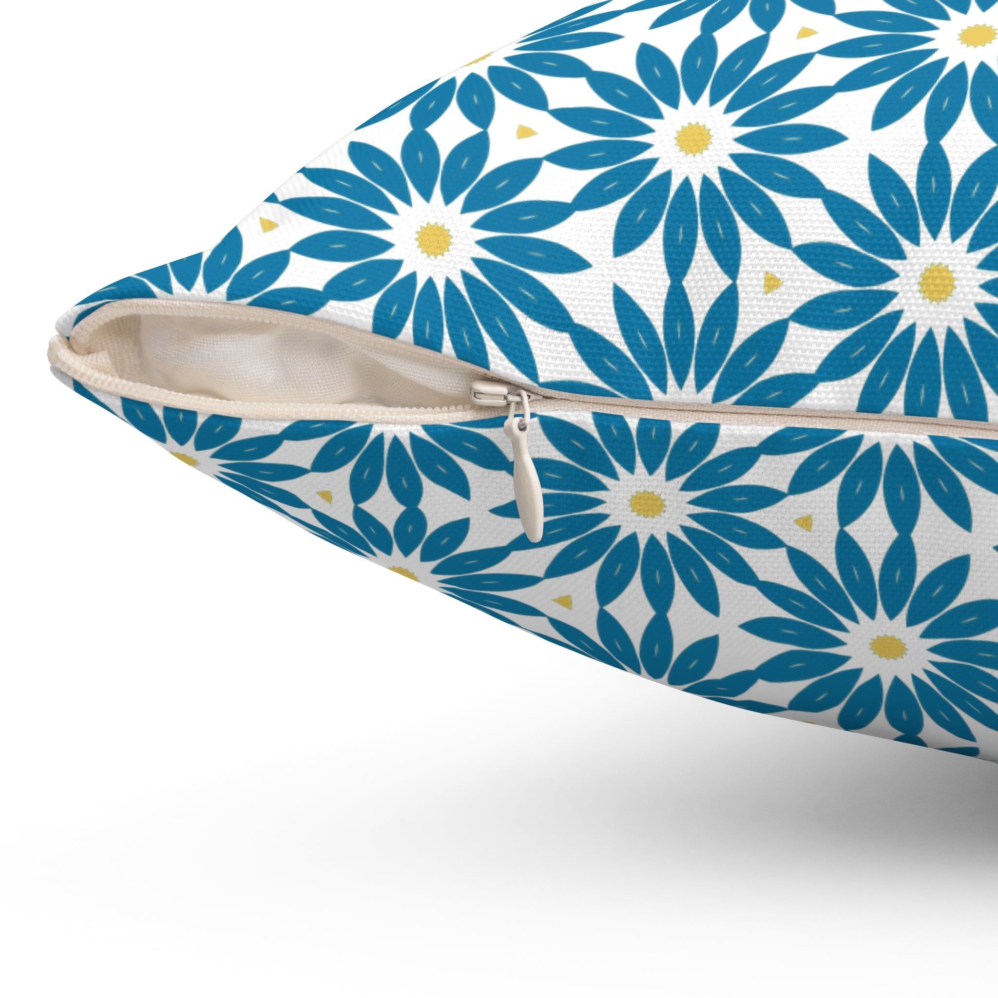 Blue Daisy Pattern Square Pillow — Floral Geometric Decorative Throw Pillow