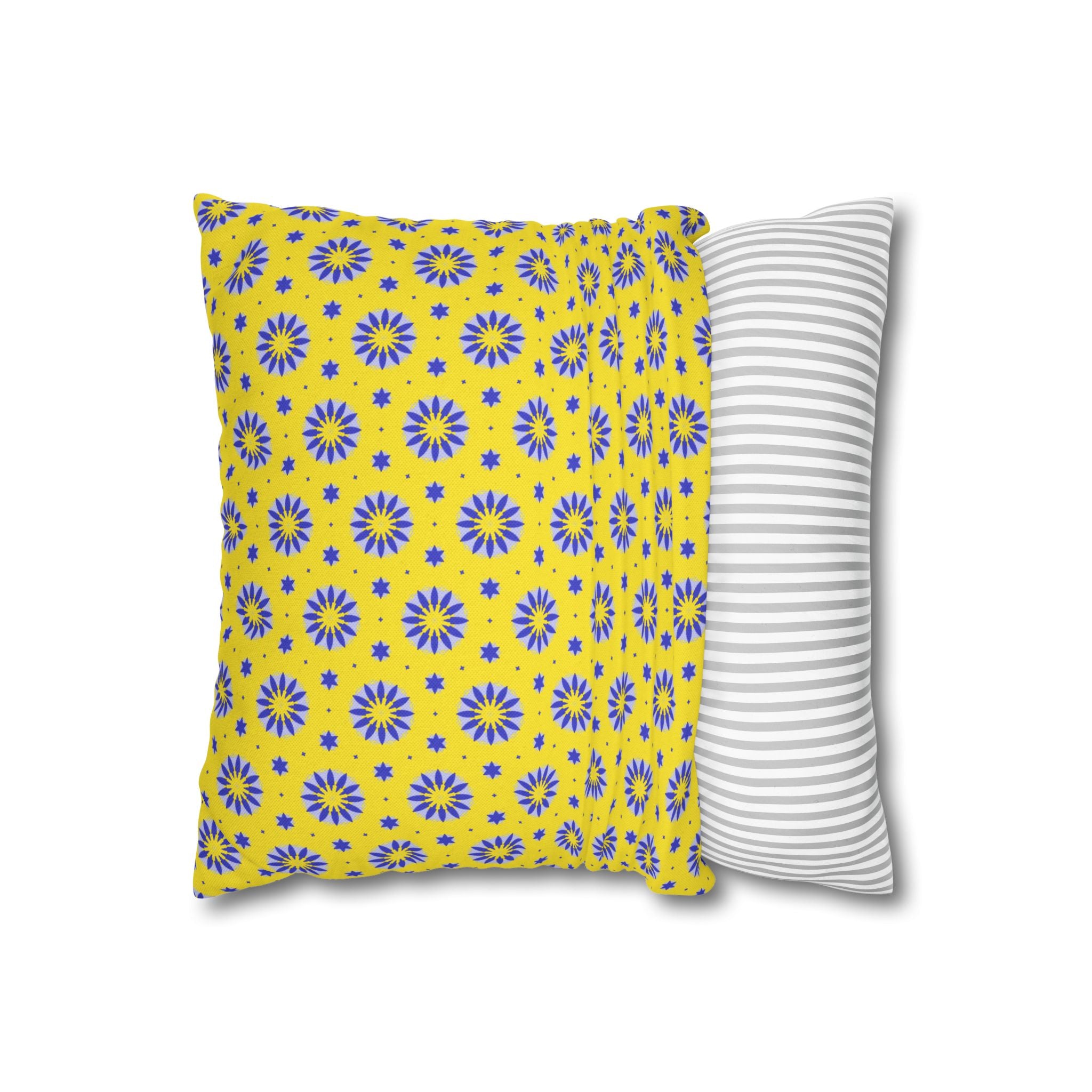 Blue Sun Yellow Floral Pattern THROW PILLOW COVER — Blue Sunburst Decorative Throw Pillow