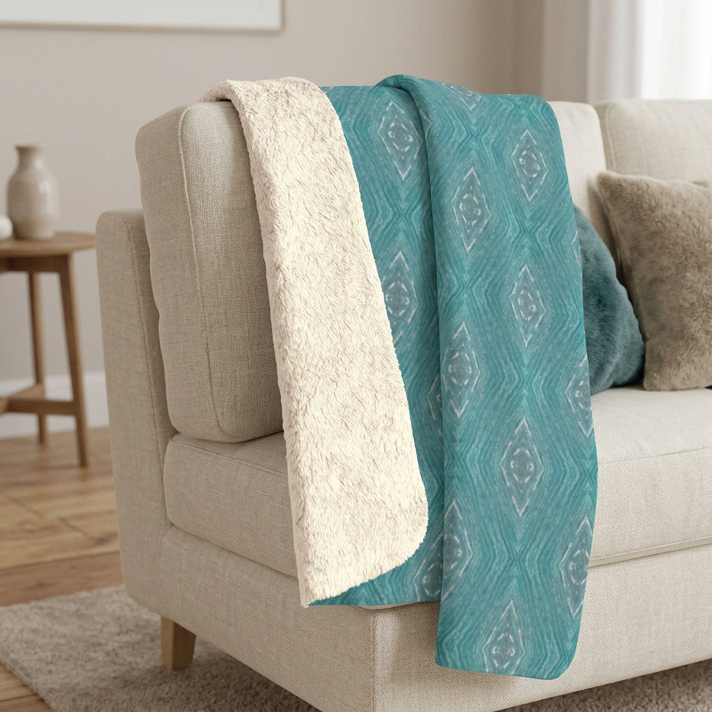 Teal Aztec Sherpa Blanket — Cozy Boho Fleece Throw