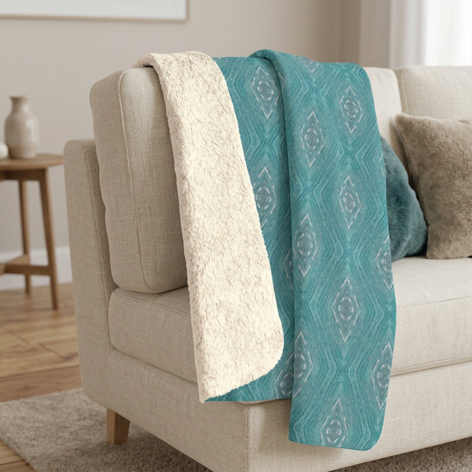 Teal Aztec Sherpa Blanket — Cozy Boho Fleece Throw