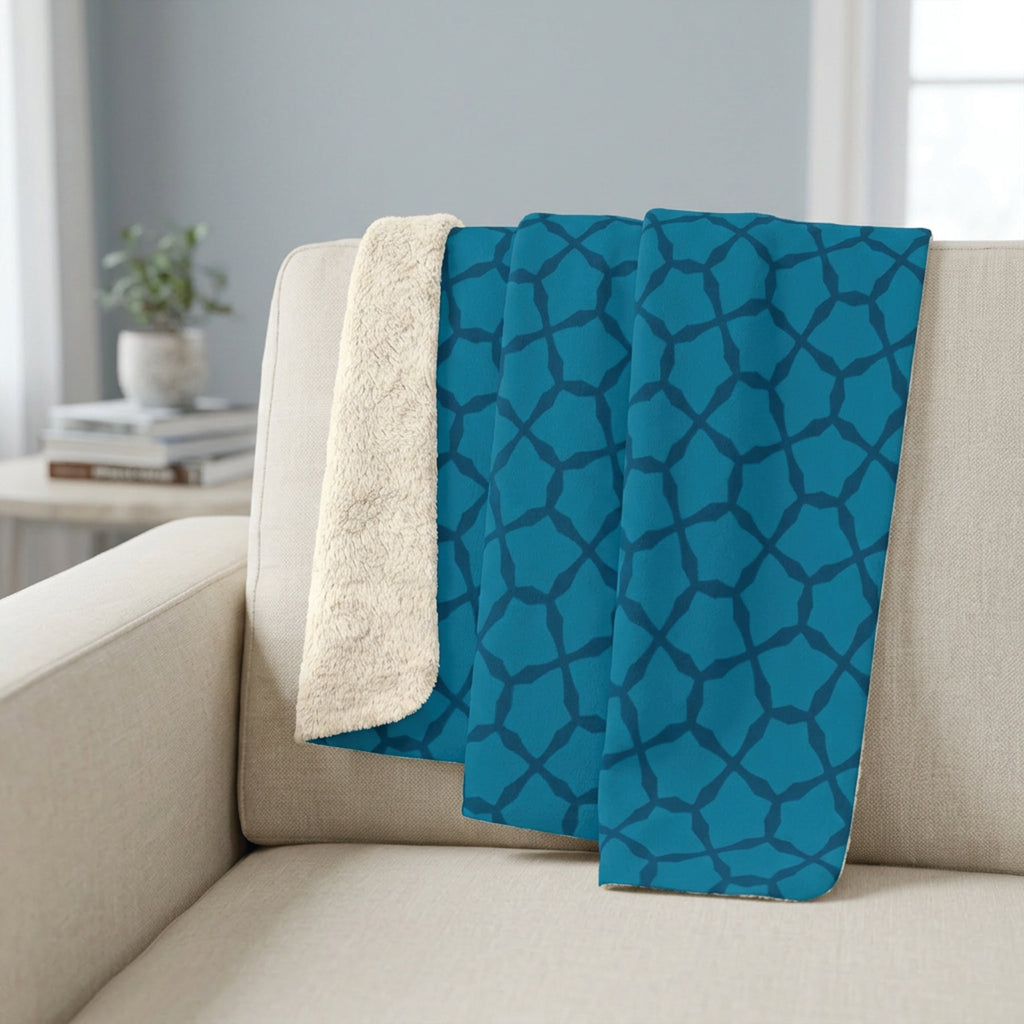 Blue Geometric Sherpa Blanket — Cozy Fleece Throw with Moroccan Tile Pattern