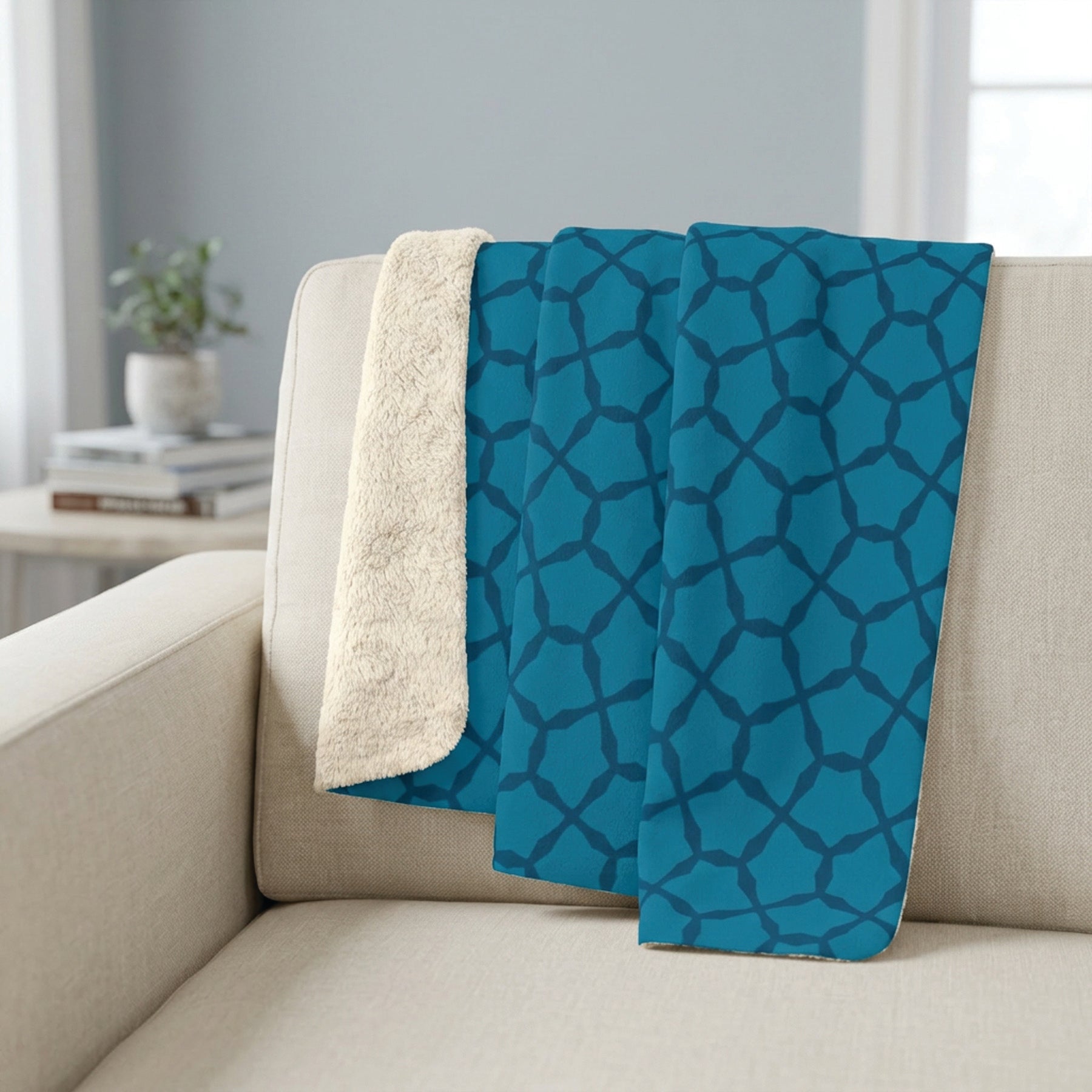 Blue Geometric Sherpa Blanket — Cozy Fleece Throw with Moroccan Tile Pattern