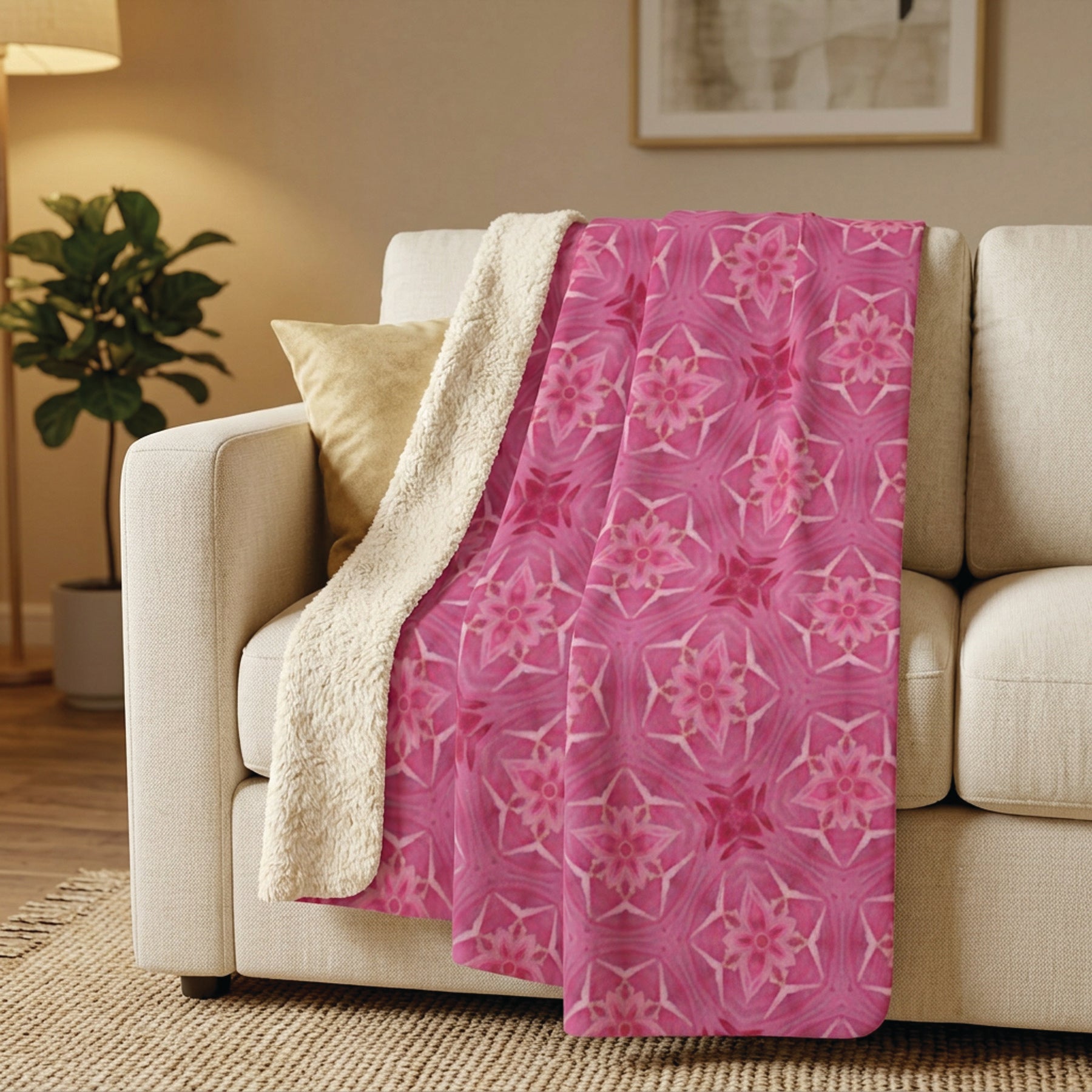 Pink Floral Kaleidoscope Pattern Sherpa Blanket — Cozy Plush Throw for Bedroom & Gift