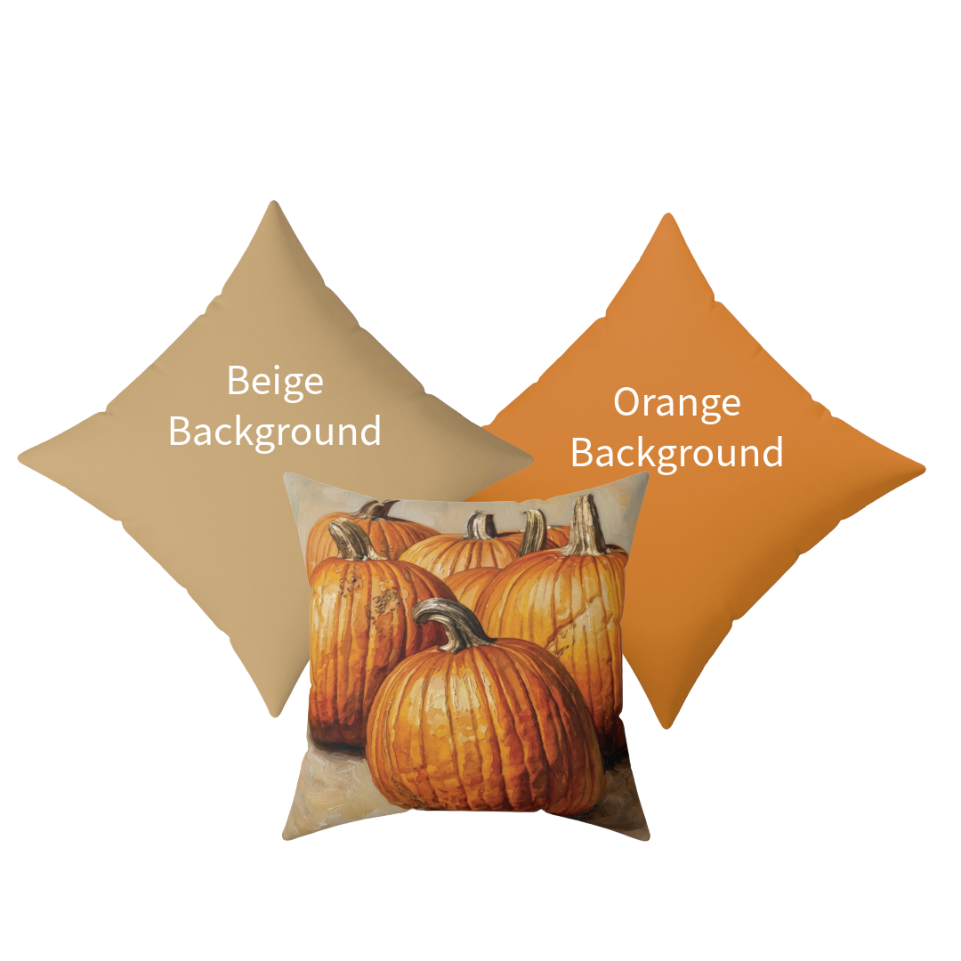 Autumn Pumpkin Decorative Pillow, Beige or Orange Back — Fall Harvest Square Throw Pillow