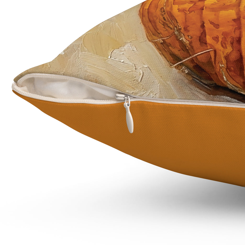 Autumn Pumpkin Decorative Pillow, Beige or Orange Back — Fall Harvest Square Throw Pillow
